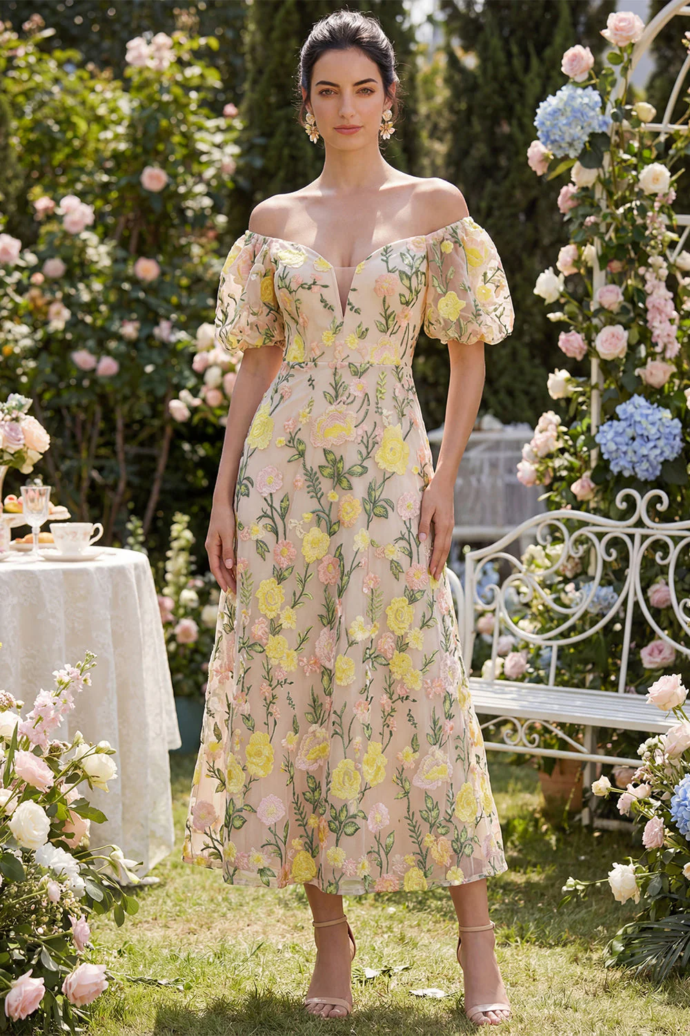 Tulle Off the Shoulder Champagne A-Line Embroidered Floral Midi Dress with Puff Sleeves