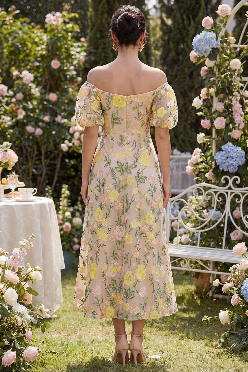 Tulle Off the Shoulder Champagne A-Line Embroidered Floral Midi Dress with Puff Sleeves - Image 2