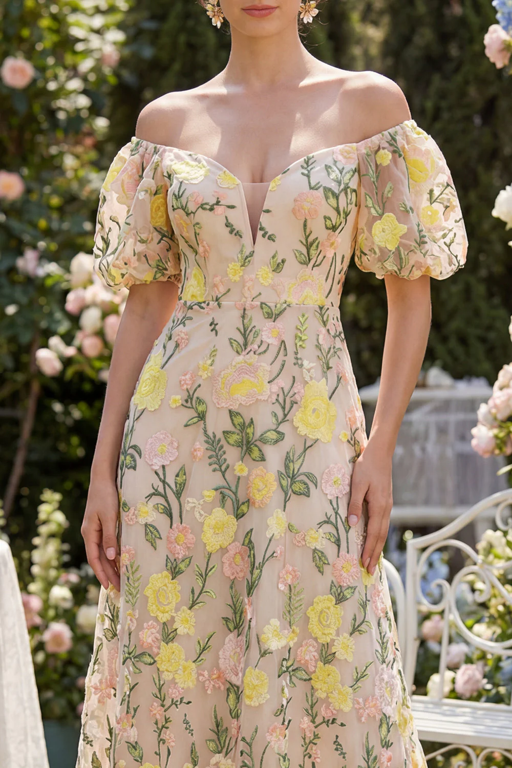 Tulle Off the Shoulder Champagne A-Line Embroidered Floral Midi Dress with Puff Sleeves - Image 3