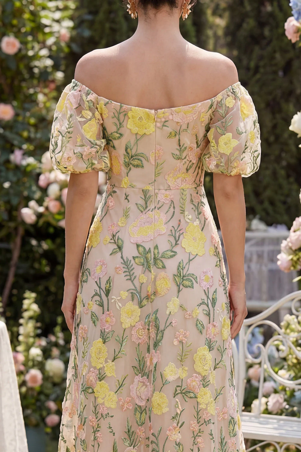 Tulle Off the Shoulder Champagne A-Line Embroidered Floral Midi Dress with Puff Sleeves - Image 4