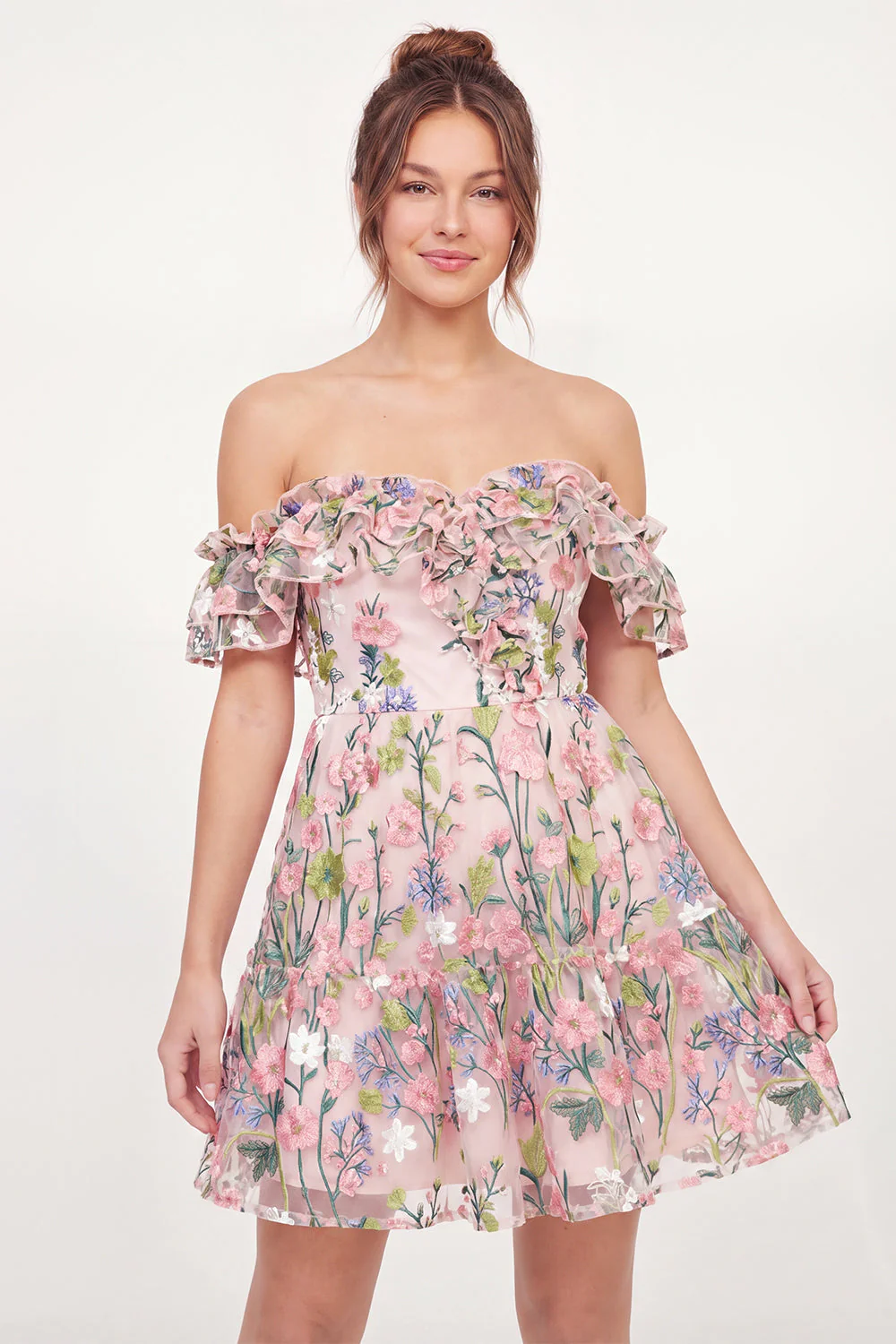 Off the Shoulder Pink Floral A-Line Embroidered Mini Graduation Dress