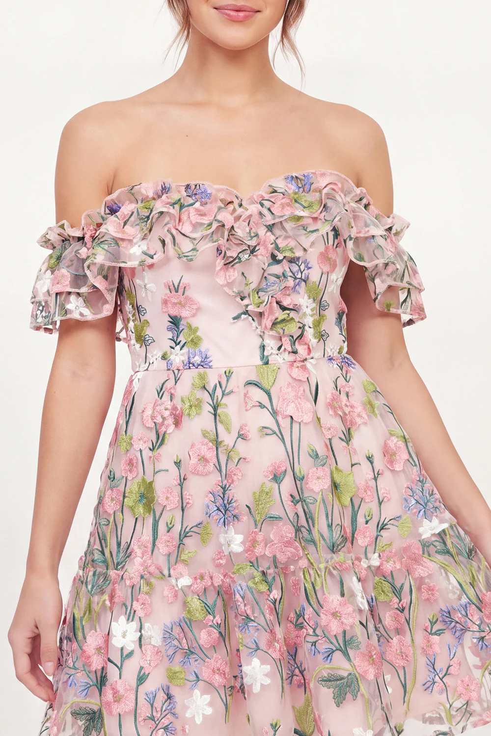 Off the Shoulder Pink Floral A-Line Embroidered Mini Graduation Dress - Image 3