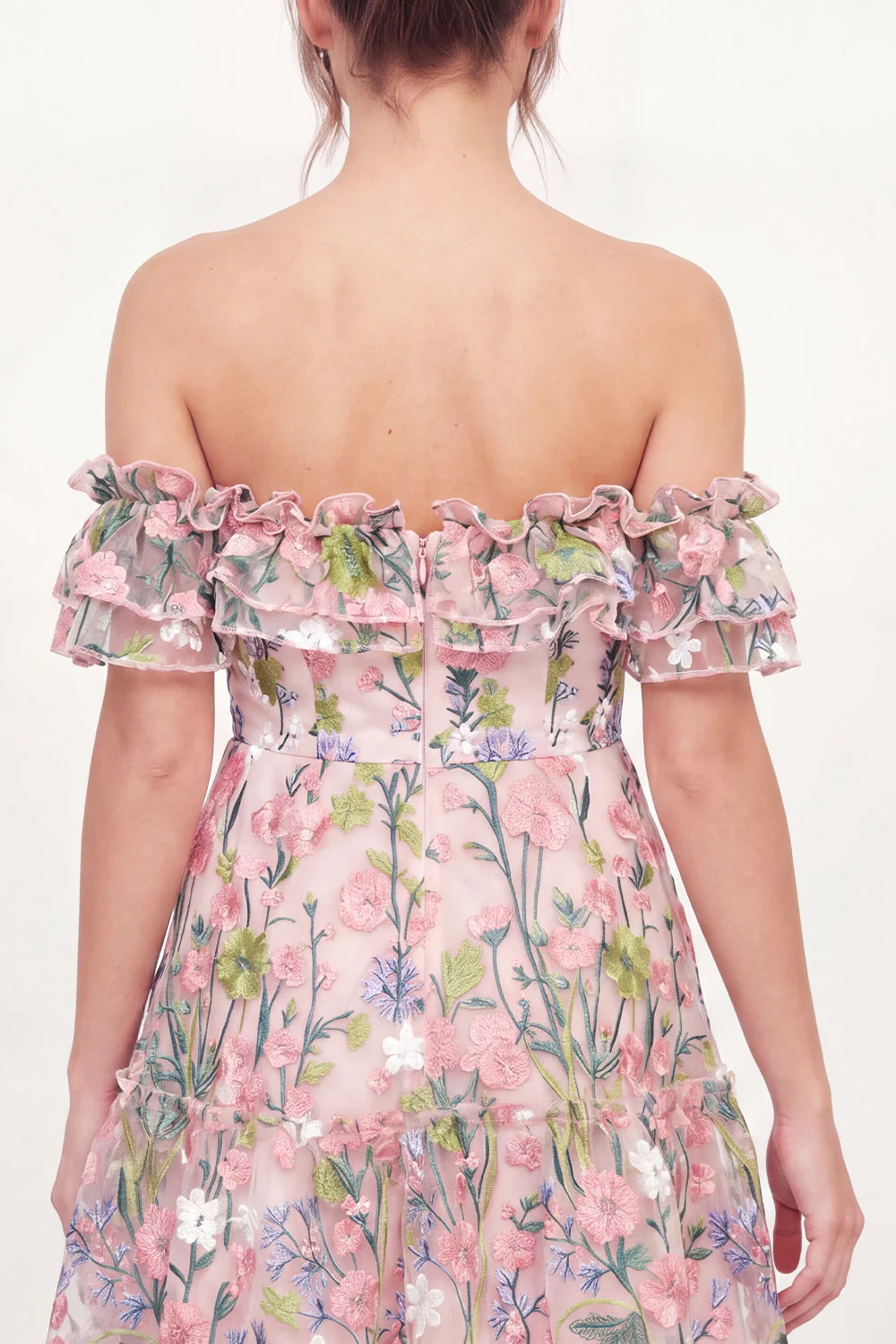 Off the Shoulder Pink Floral A-Line Embroidered Mini Graduation Dress - Image 4
