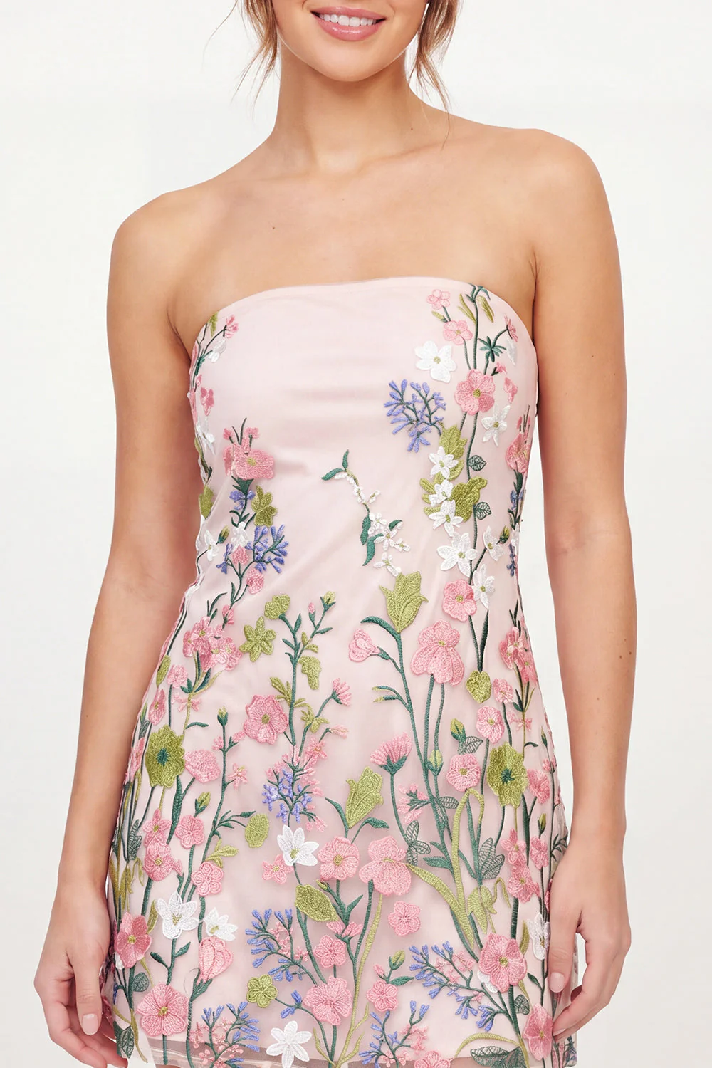 Strapless Floral Bodycon Embroidered Pink Graduation Dress - Image 3