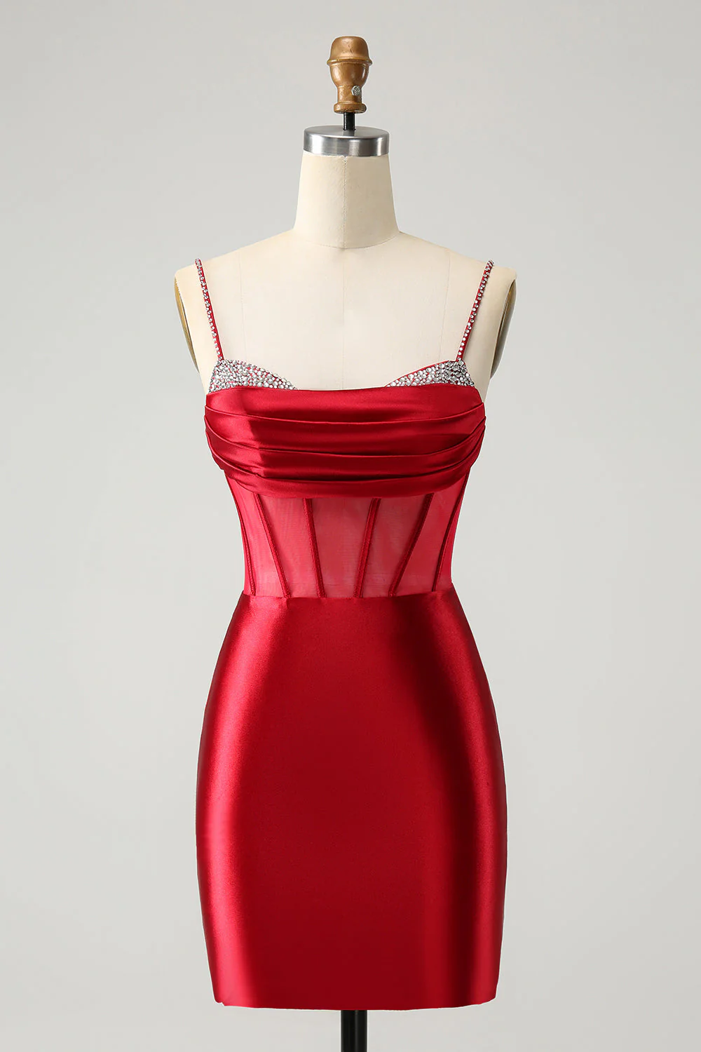 Unique Glitter Dark Red Beaded Satin Corset Tight Short Graduation Dress - Image 3