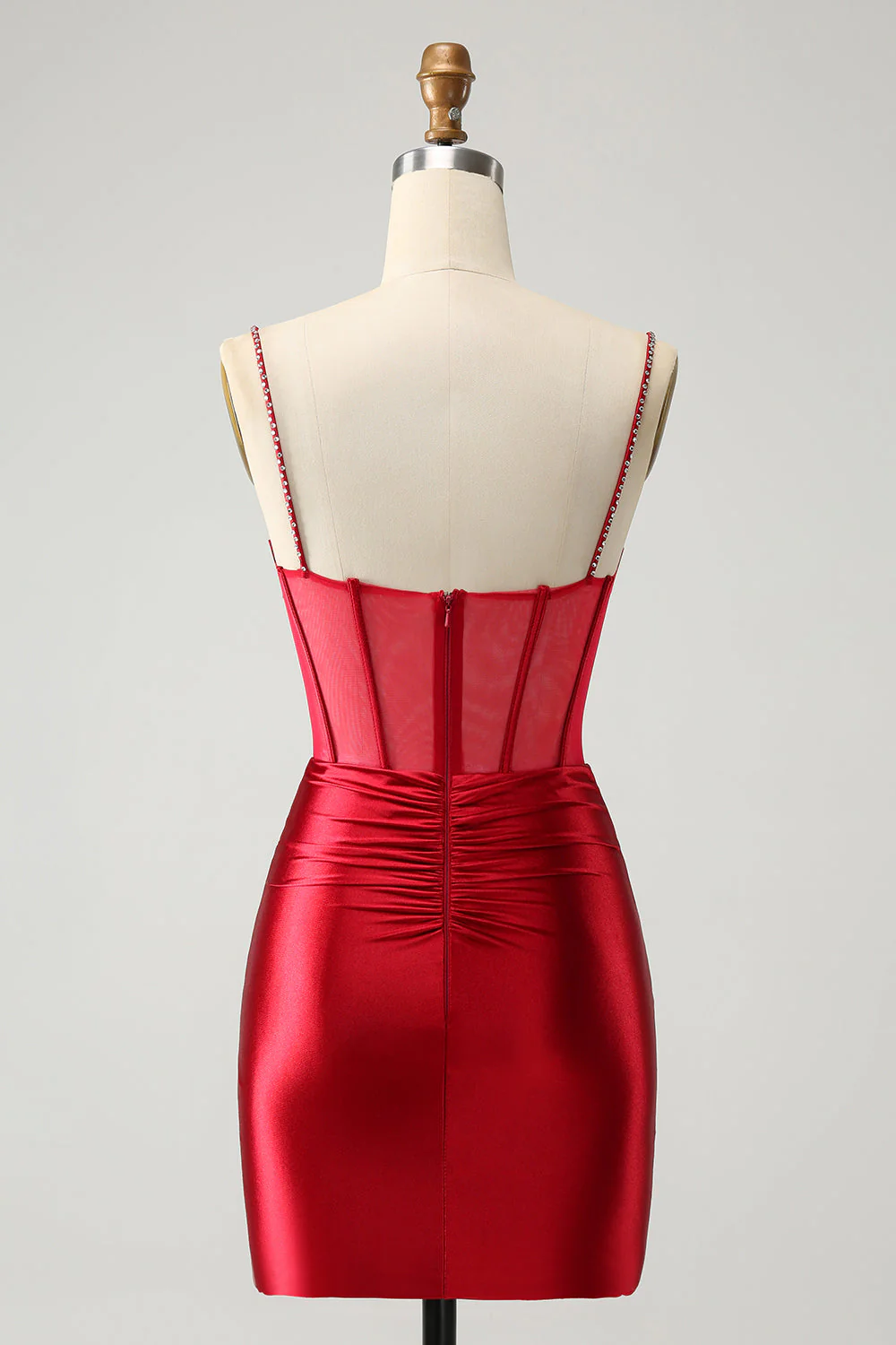 Unique Glitter Dark Red Beaded Satin Corset Tight Short Graduation Dress - Image 4
