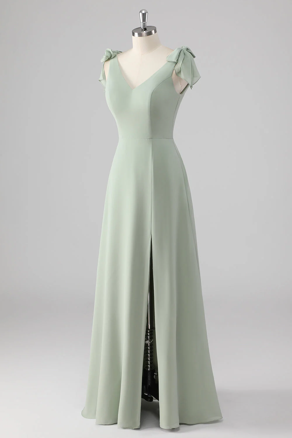 V Neck A Line Bow Tie Sage Green Bridesmaid Dress with Slit - Image 3