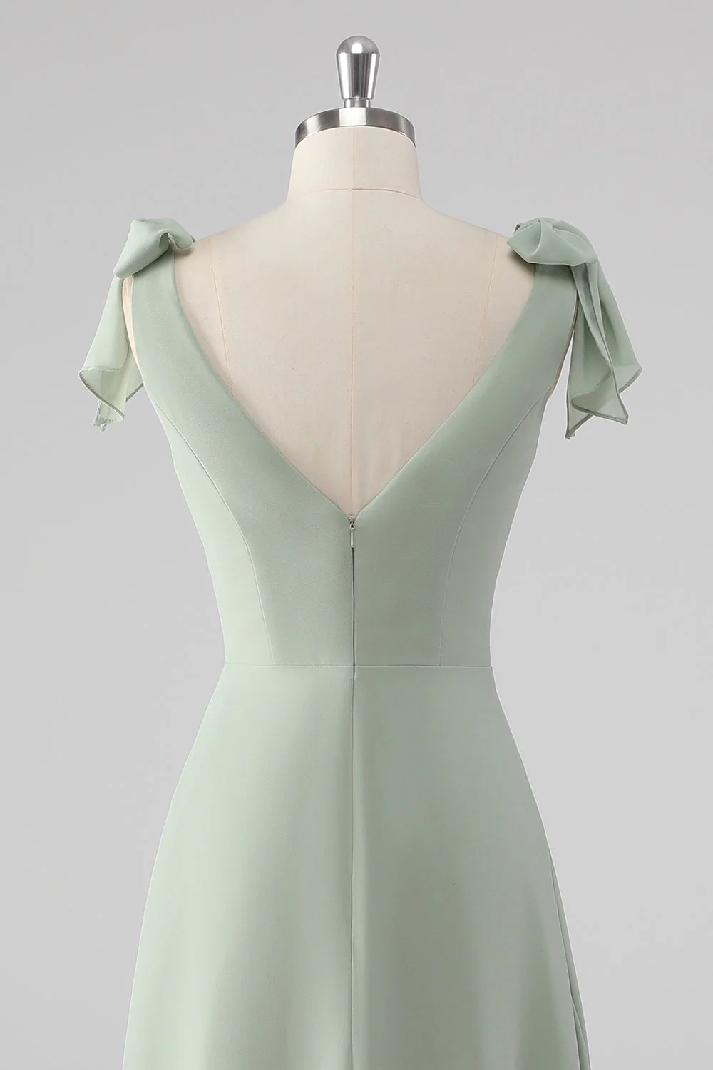V Neck A Line Bow Tie Sage Green Bridesmaid Dress with Slit - Image 5