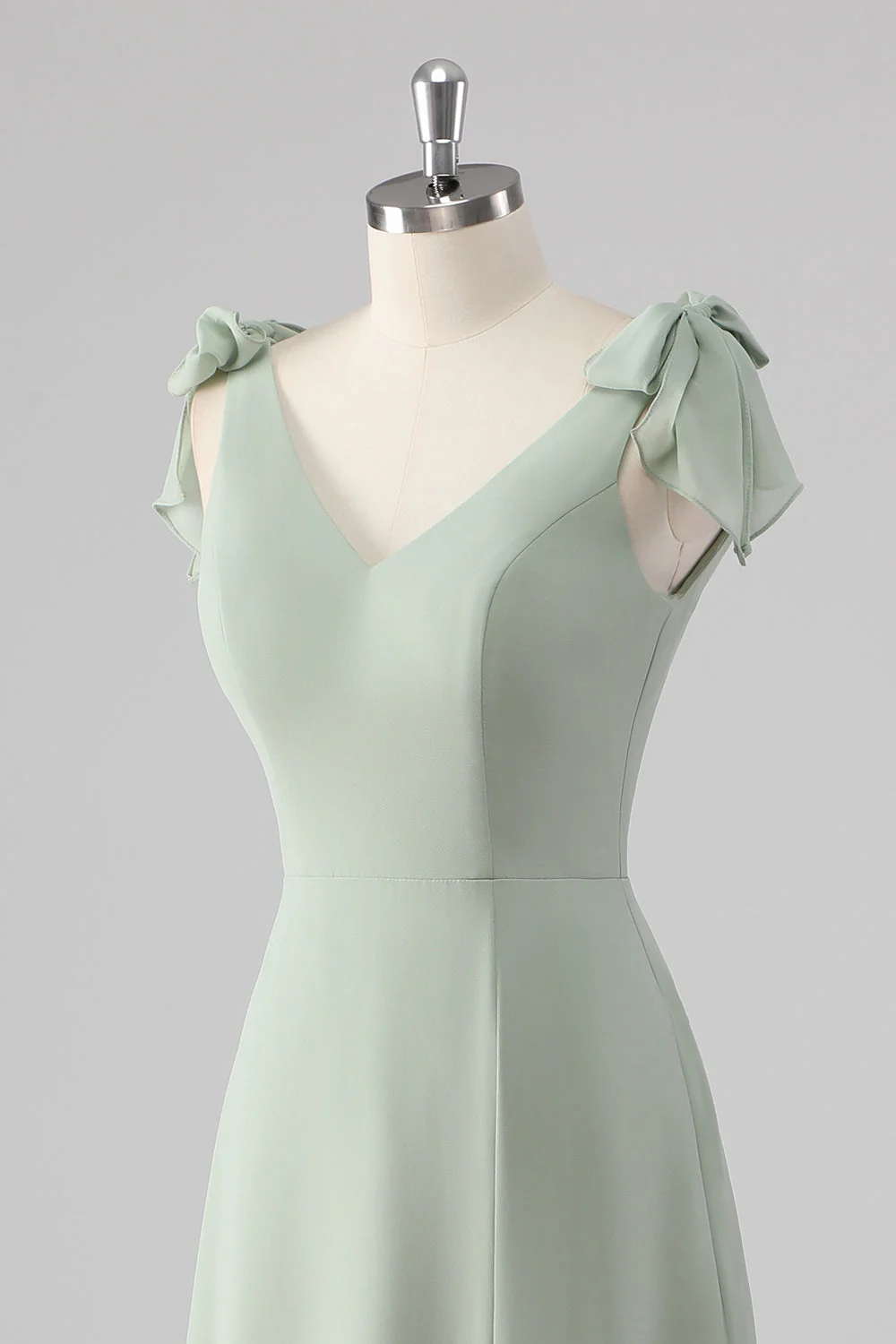 V Neck A Line Bow Tie Sage Green Bridesmaid Dress with Slit - Image 6