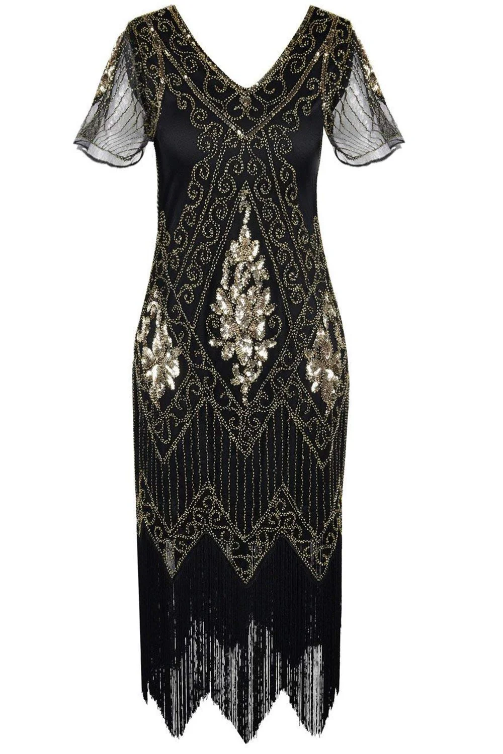 V Neck Black 1920s Flapper Dress - Image 2