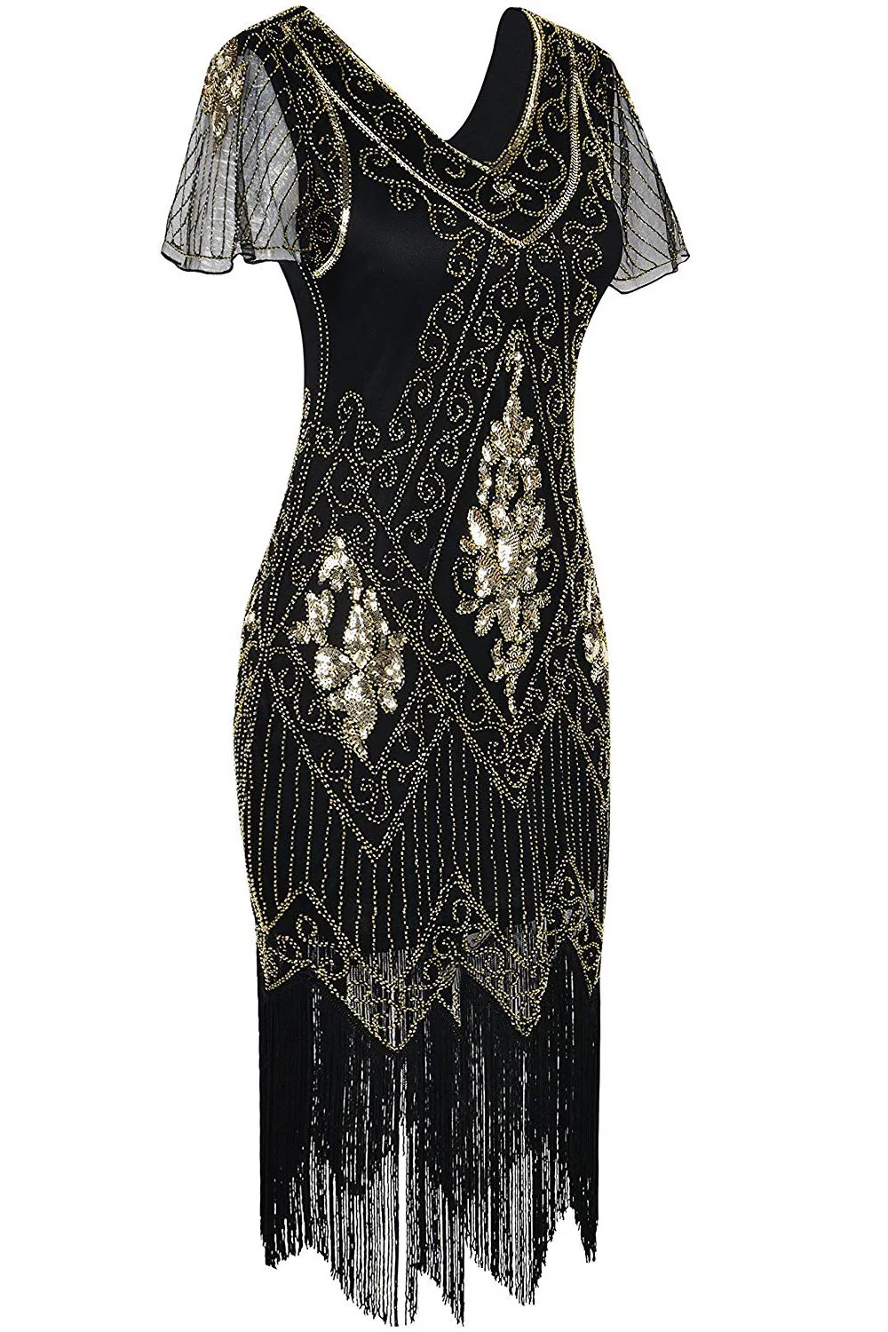 V Neck Black 1920s Flapper Dress - Image 3