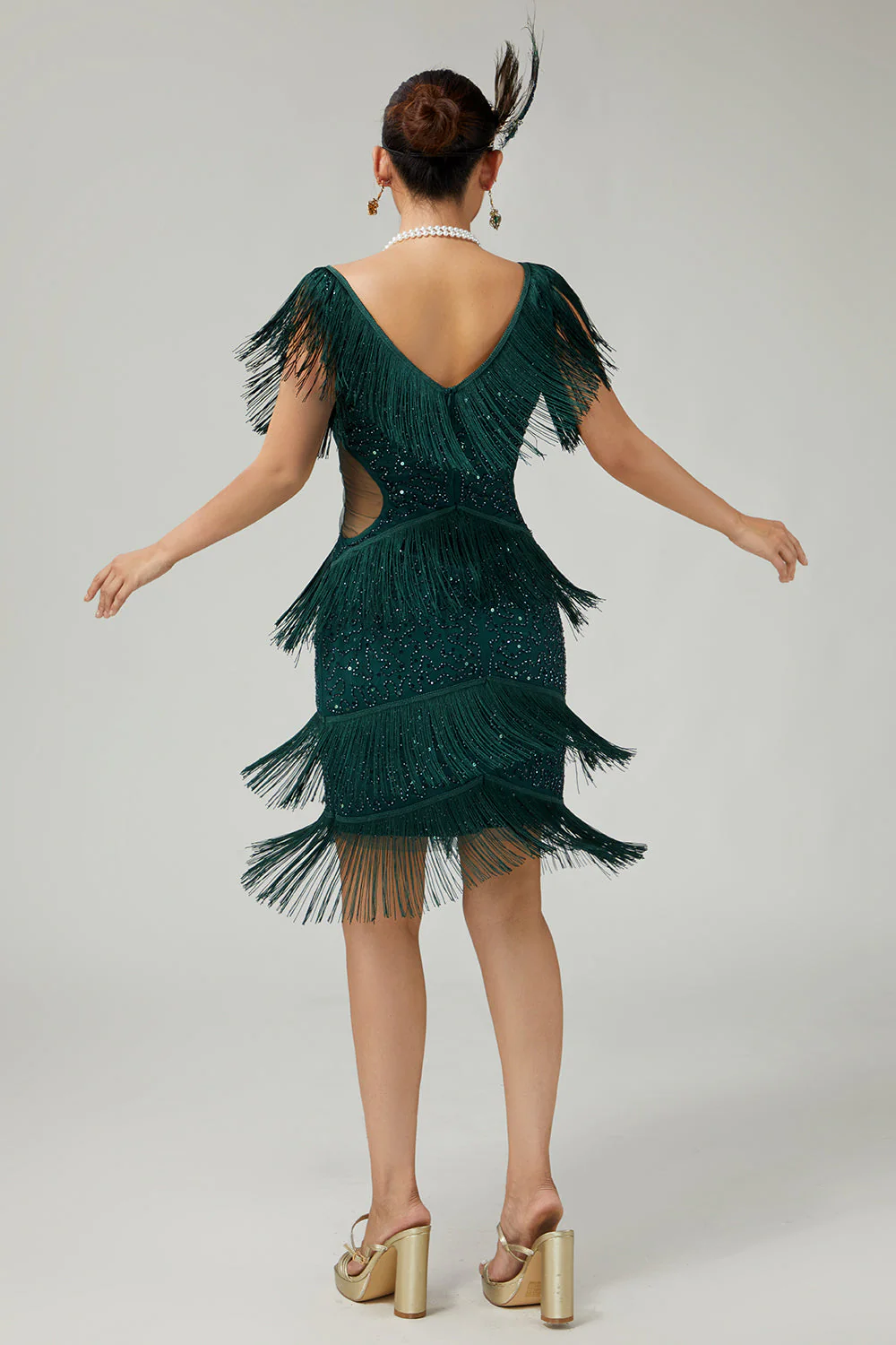 V-Neck Black Tiered Fringed Cut-Out 1920s Dress With Sequins - Image 12