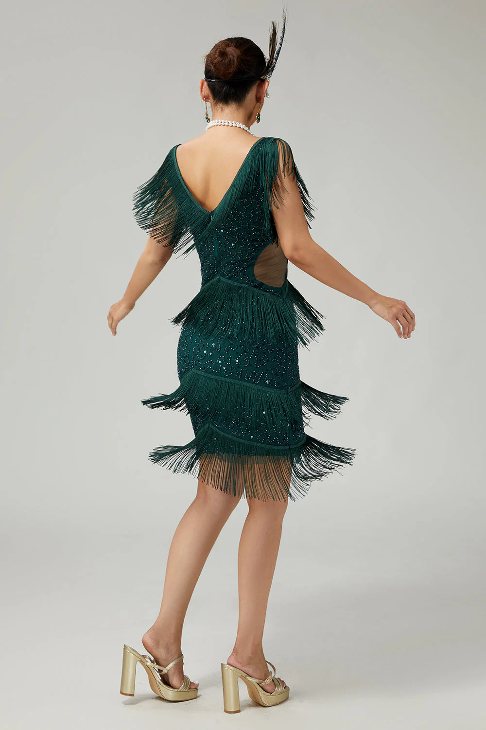 V-Neck Black Tiered Fringed Cut-Out 1920s Dress With Sequins - Image 15