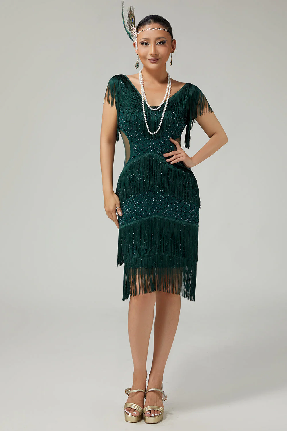 V-Neck Black Tiered Fringed Cut-Out 1920s Dress With Sequins - Image 8