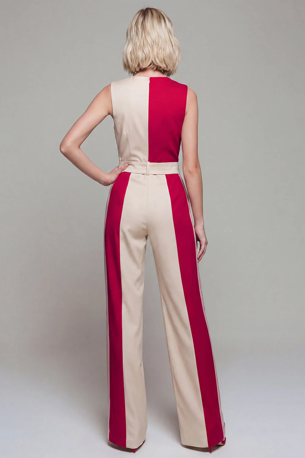 V Neck ColorBlock Light Khaki Women's Jumpsuits - Image 2