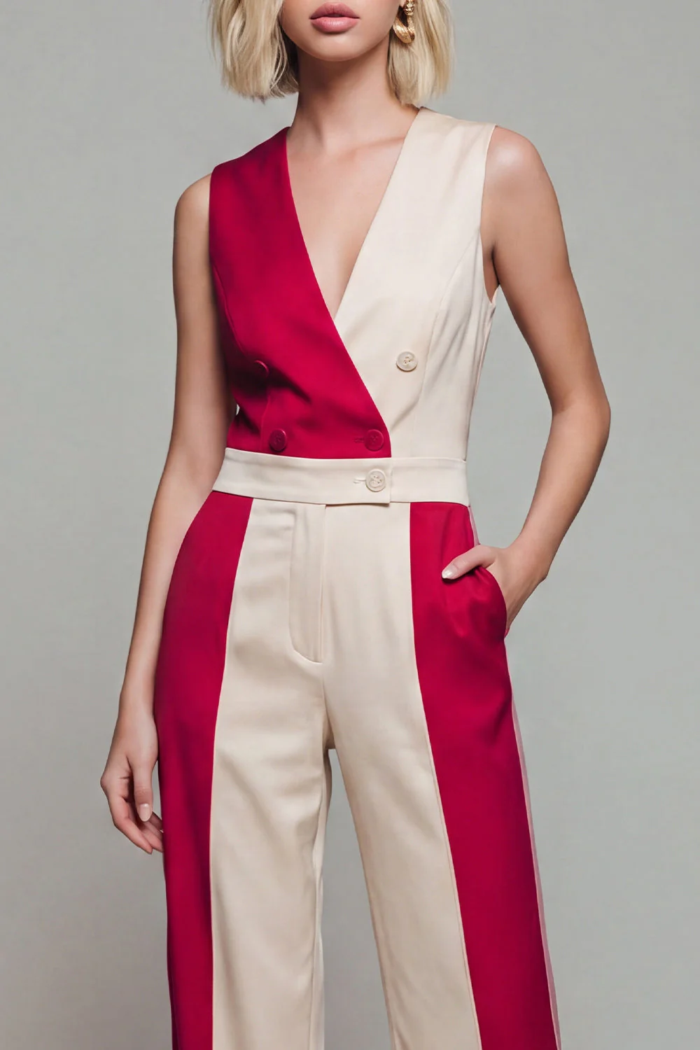 V Neck ColorBlock Light Khaki Women's Jumpsuits - Image 3