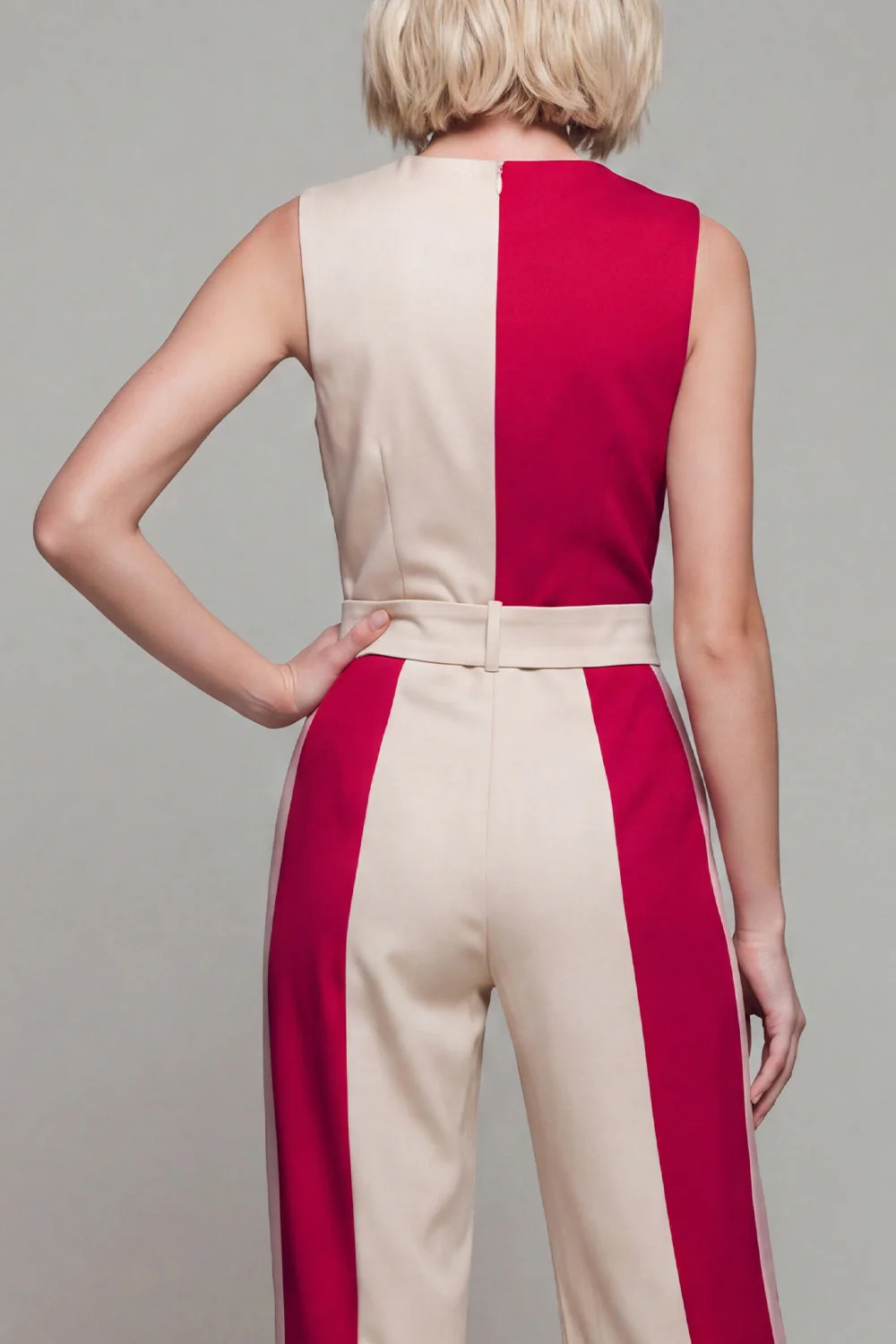 V Neck ColorBlock Light Khaki Women's Jumpsuits - Image 4