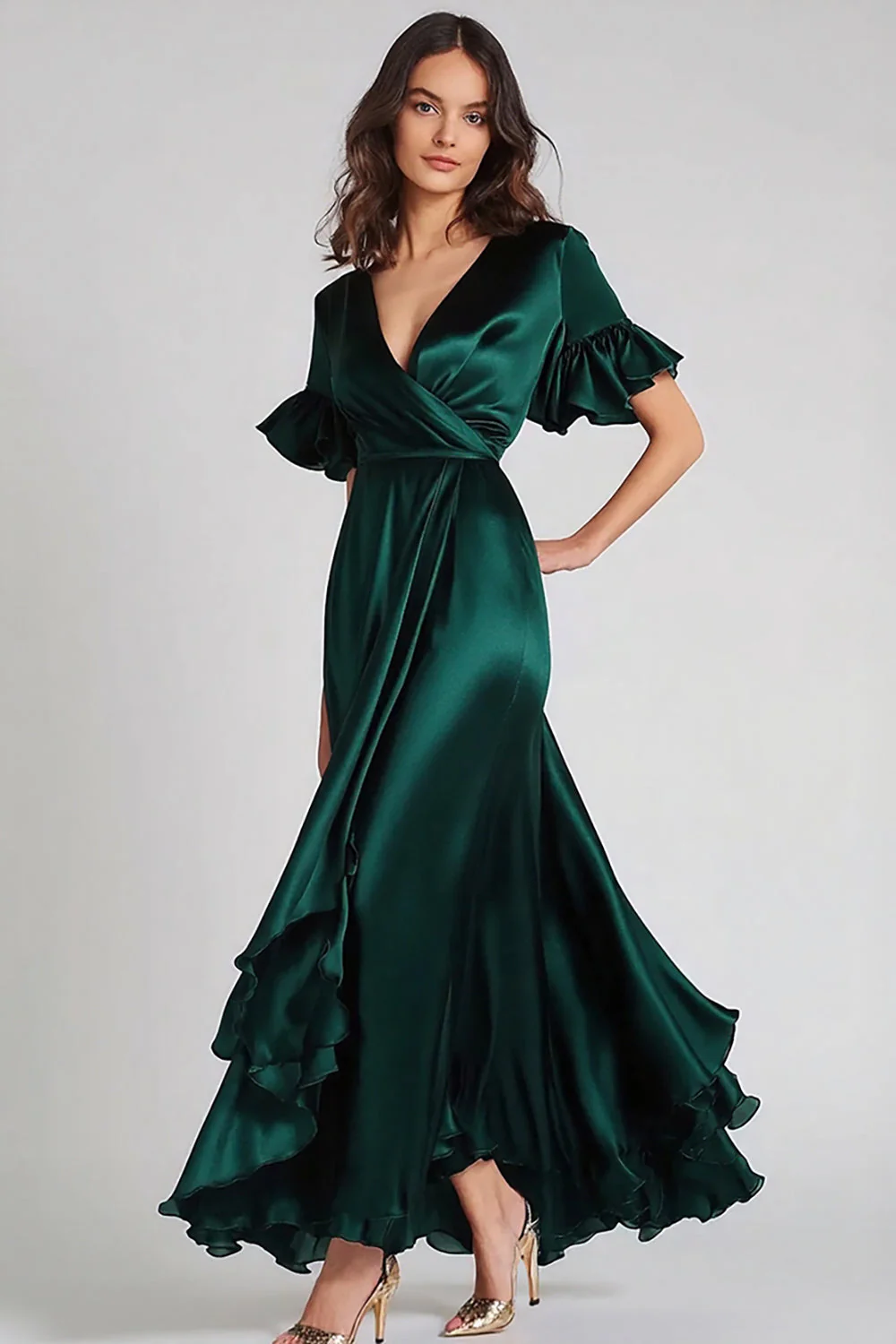 V-Neck Dark Green A Line Ruffled Long Evening Dress