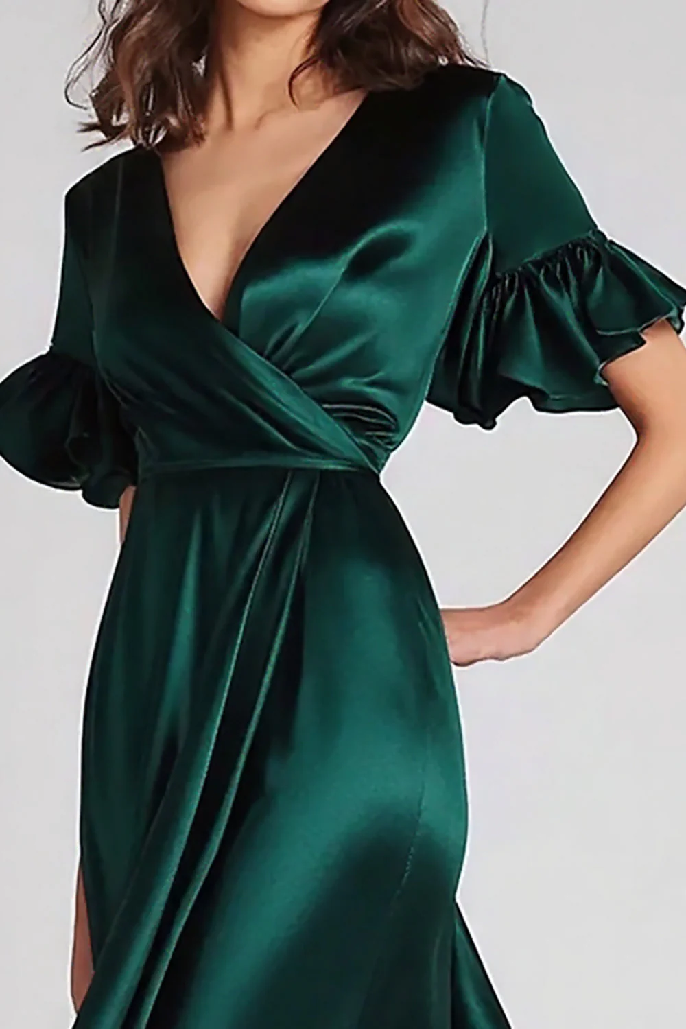 V-Neck Dark Green A Line Ruffled Long Evening Dress - Image 2