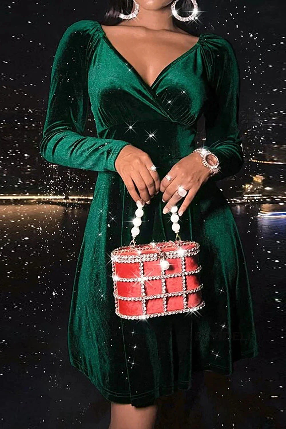 V-Neck Green Velvet Christmas Dress - Image 3