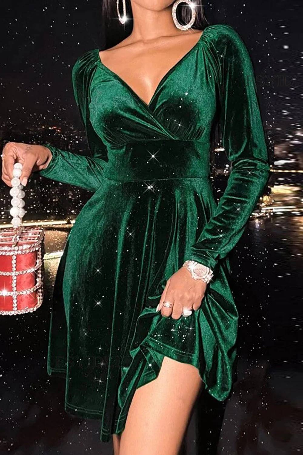 V-Neck Green Velvet Christmas Dress - Image 4