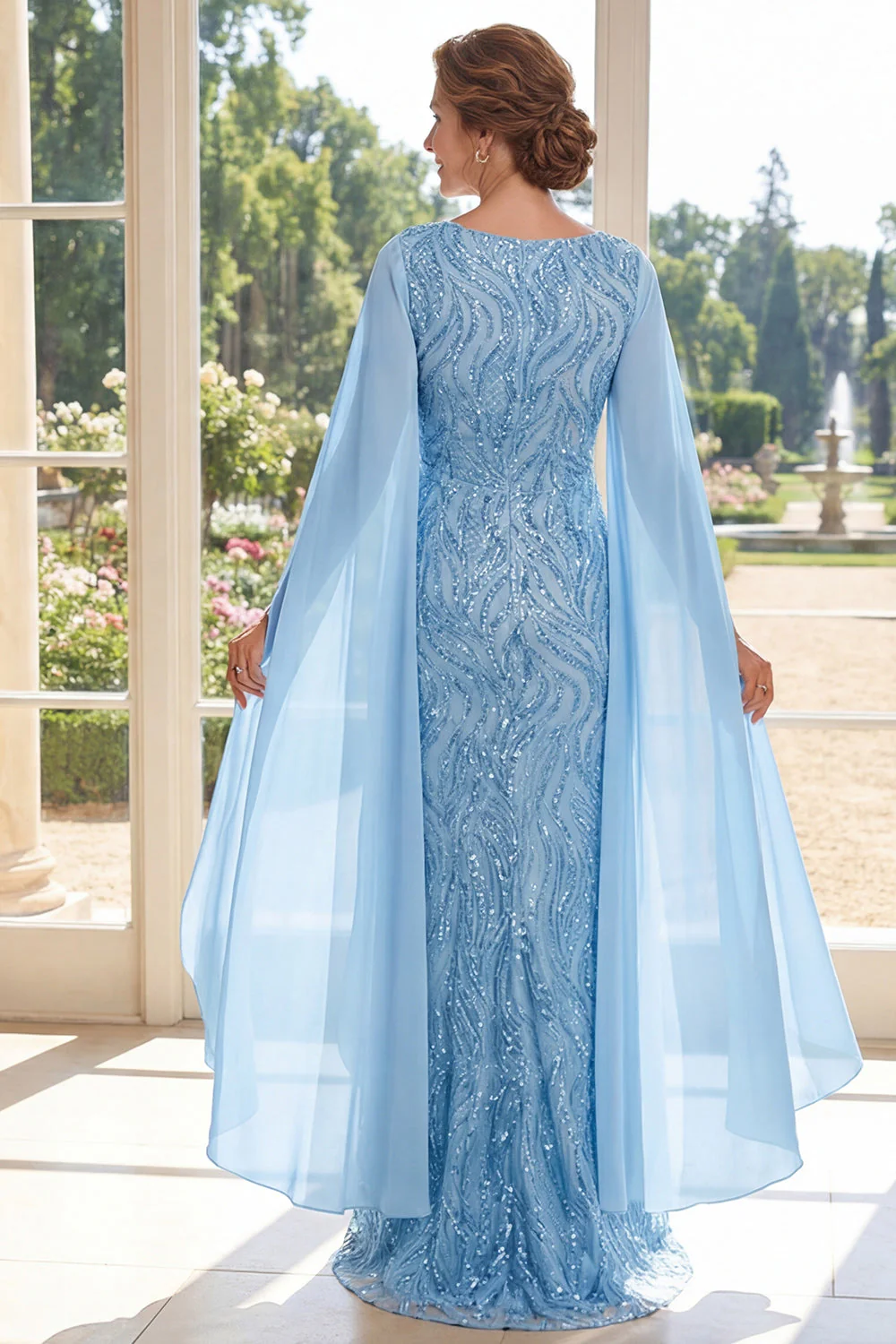 Light Blue Sheath Sequins V-Neck Long Mother Of the Bride Dress with Cape Sleeves - Image 2