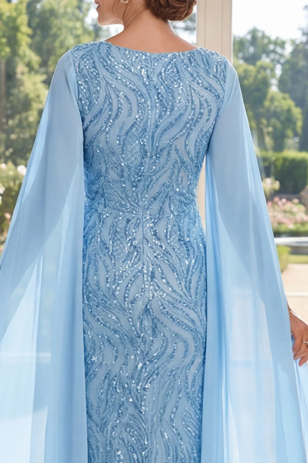 Light Blue Sheath Sequins V-Neck Long Mother Of the Bride Dress with Cape Sleeves - Image 4
