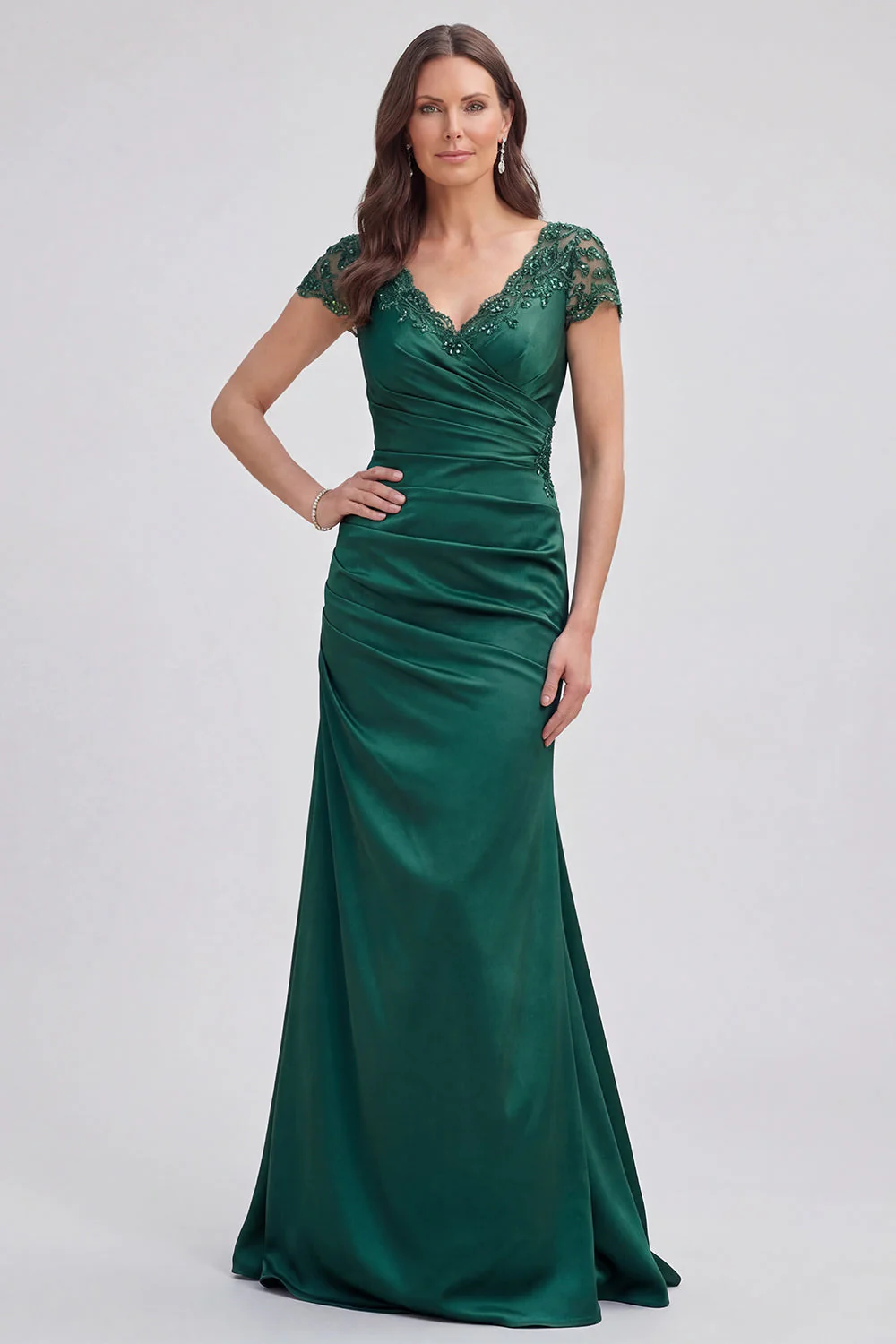 V Neck Mermaid Dark Green Ruched Mother Of Bride Dress