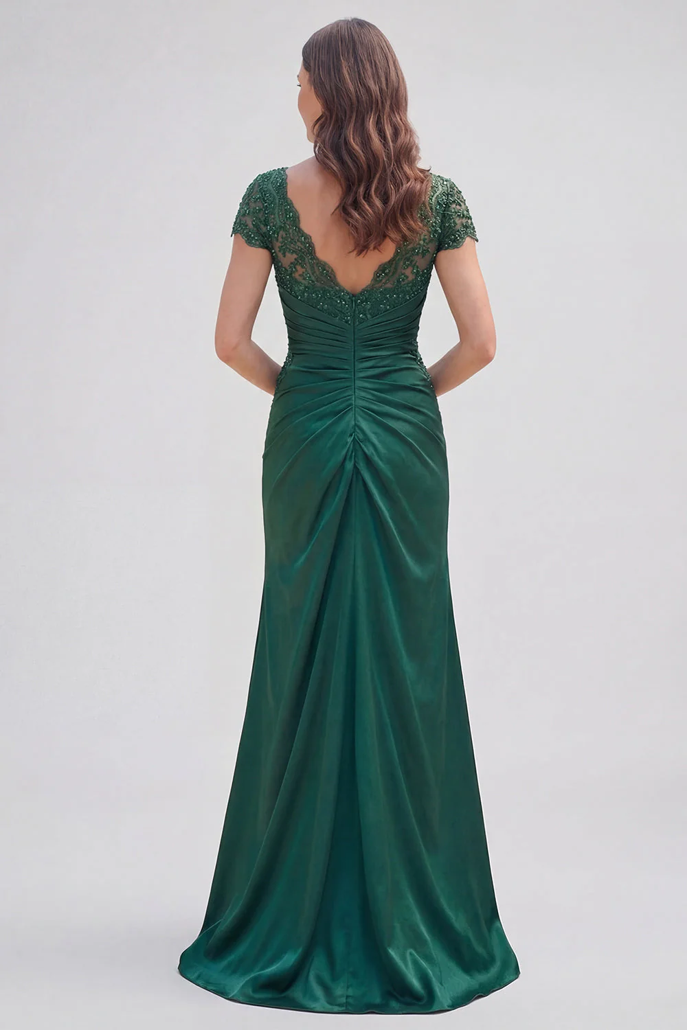 V Neck Mermaid Dark Green Ruched Mother Of Bride Dress - Image 2