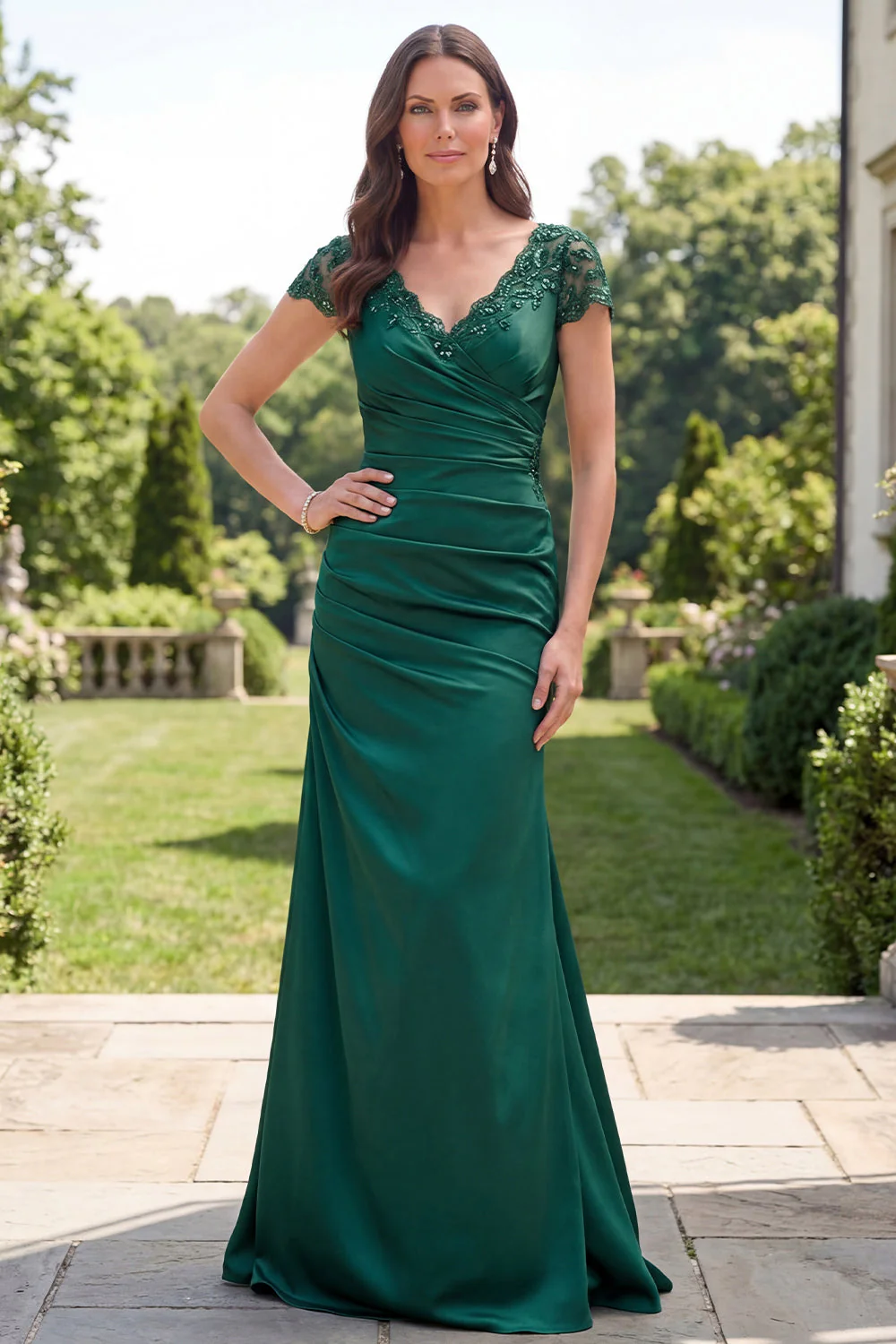V Neck Mermaid Dark Green Ruched Mother Of Bride Dress - Image 3