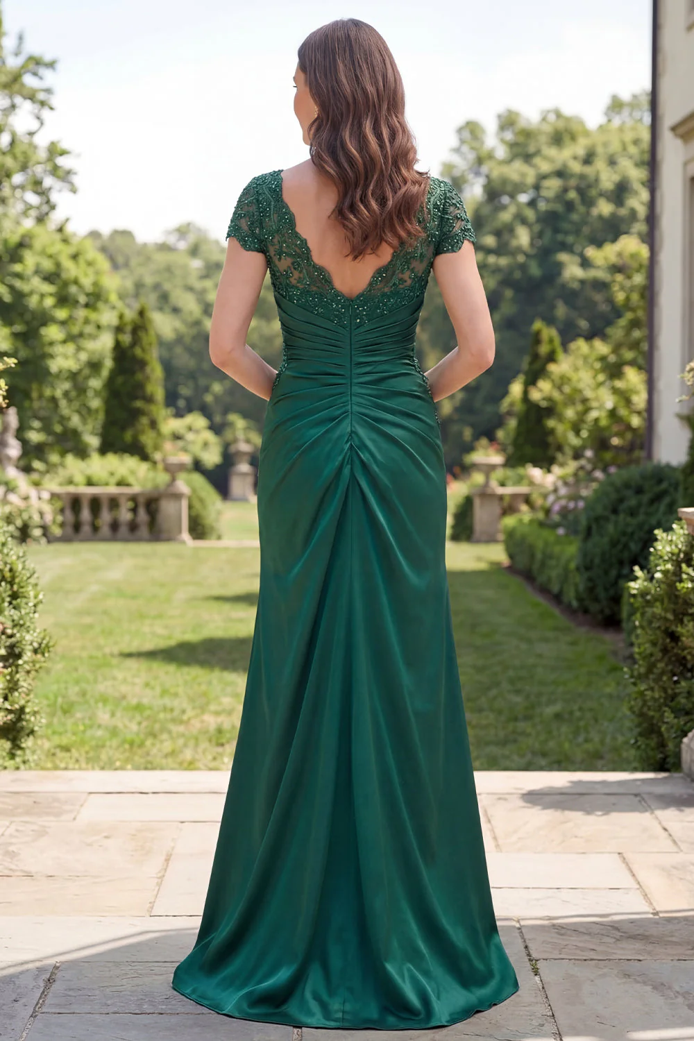 V Neck Mermaid Dark Green Ruched Mother Of Bride Dress - Image 4