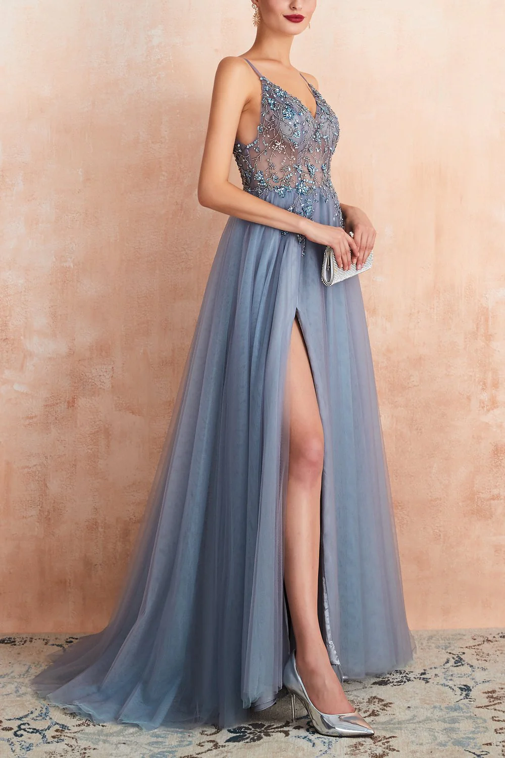 V-neck Slit Tulle Dress - Image 5