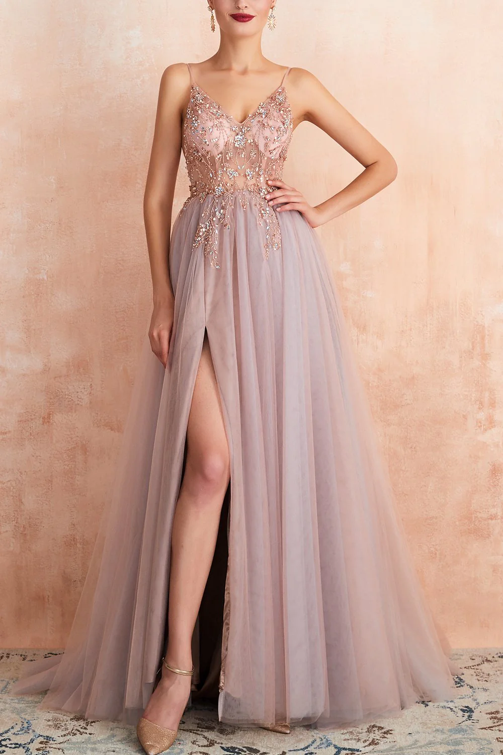 V-neck Slit Tulle Dress - Image 7