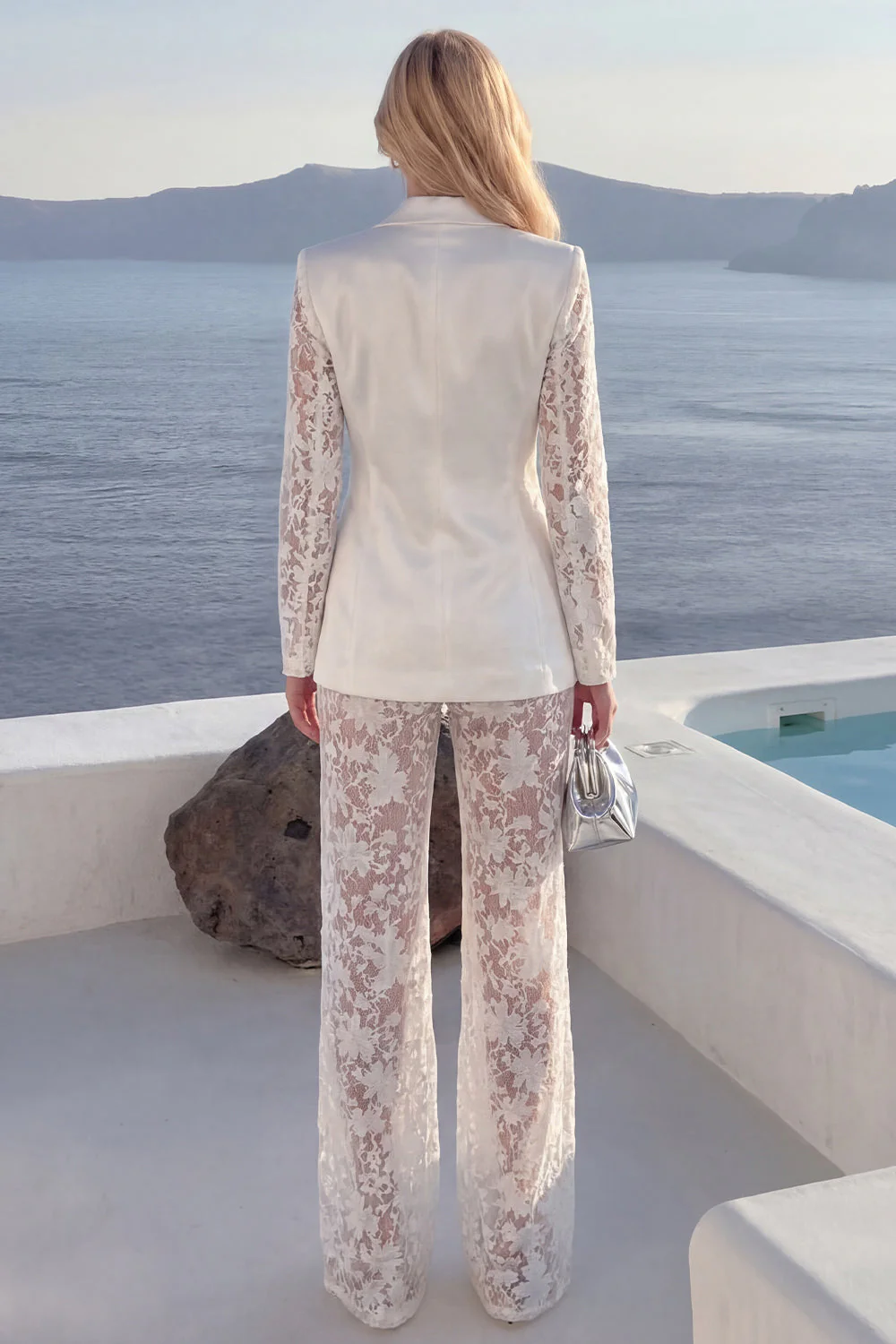 White 2 Piece Lace Appliqued Peak Lapel Flower Women Suits - Image 2
