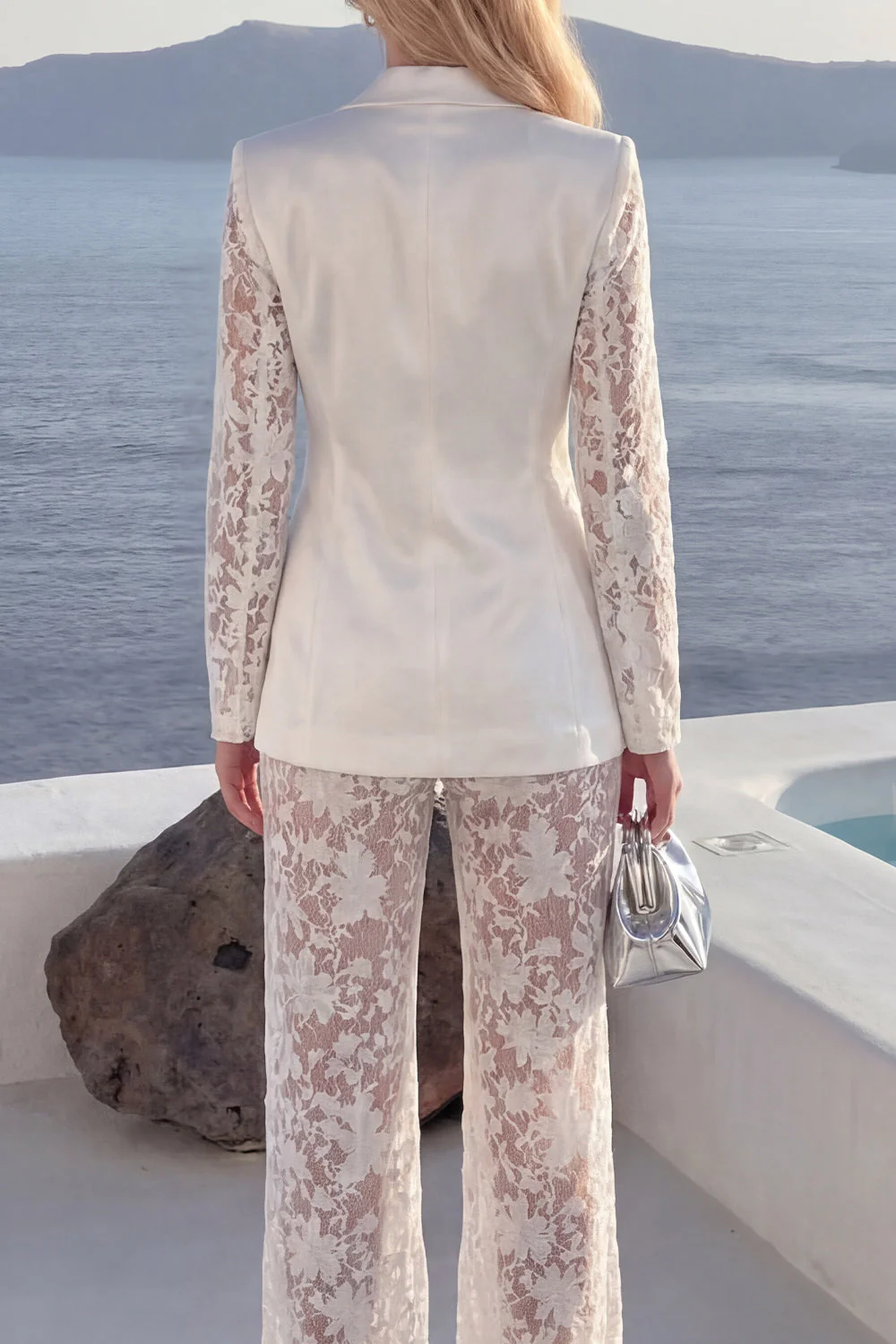 White 2 Piece Lace Appliqued Peak Lapel Flower Women Suits - Image 4