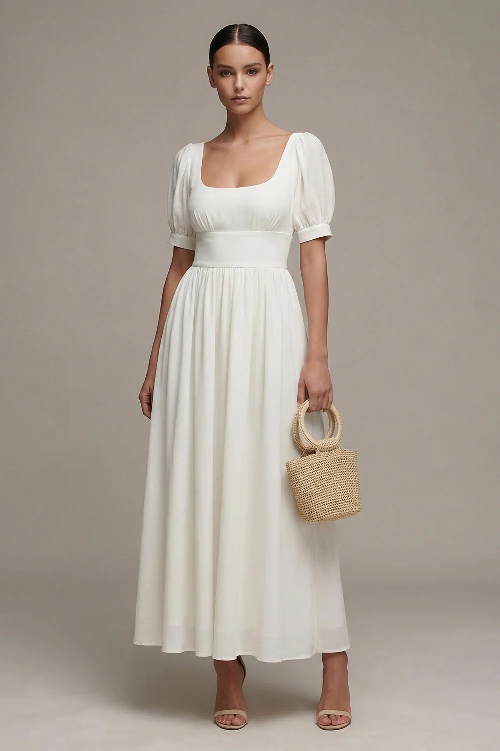 White A Line Chiffon Puff Sleeves Long Engagement Dress
