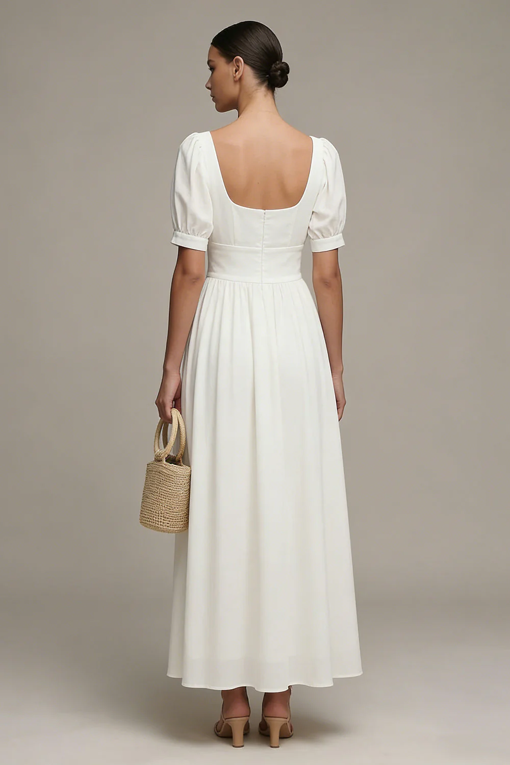 White A Line Chiffon Puff Sleeves Long Engagement Dress - Image 2