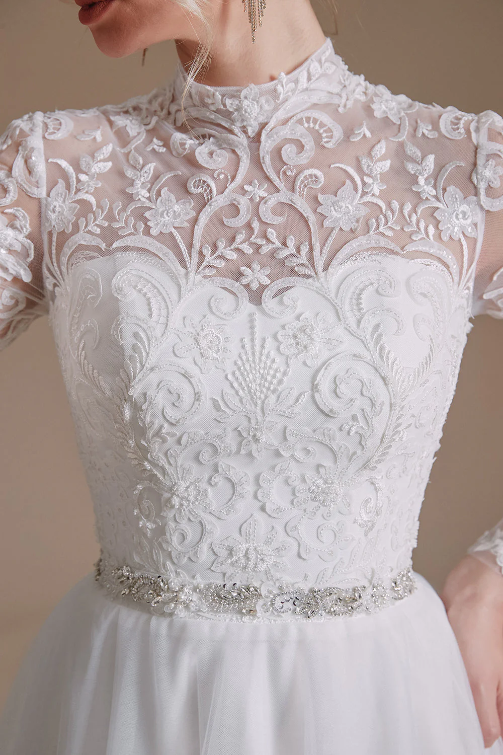 White A-Line High Neck Long Sleeves Wedding Dress with Lace - Image 5