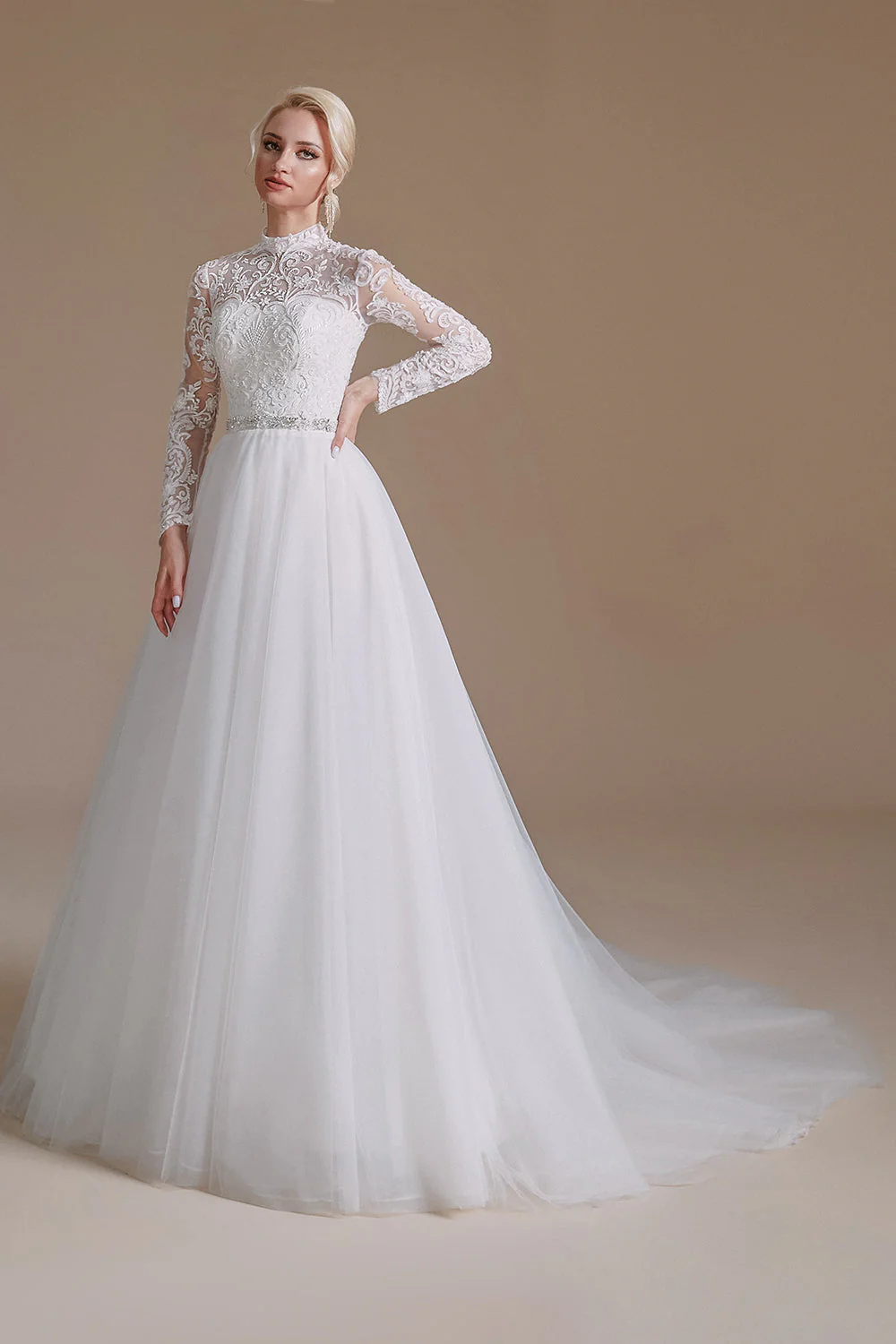 White A-Line High Neck Long Sleeves Wedding Dress with Lace - Image 6