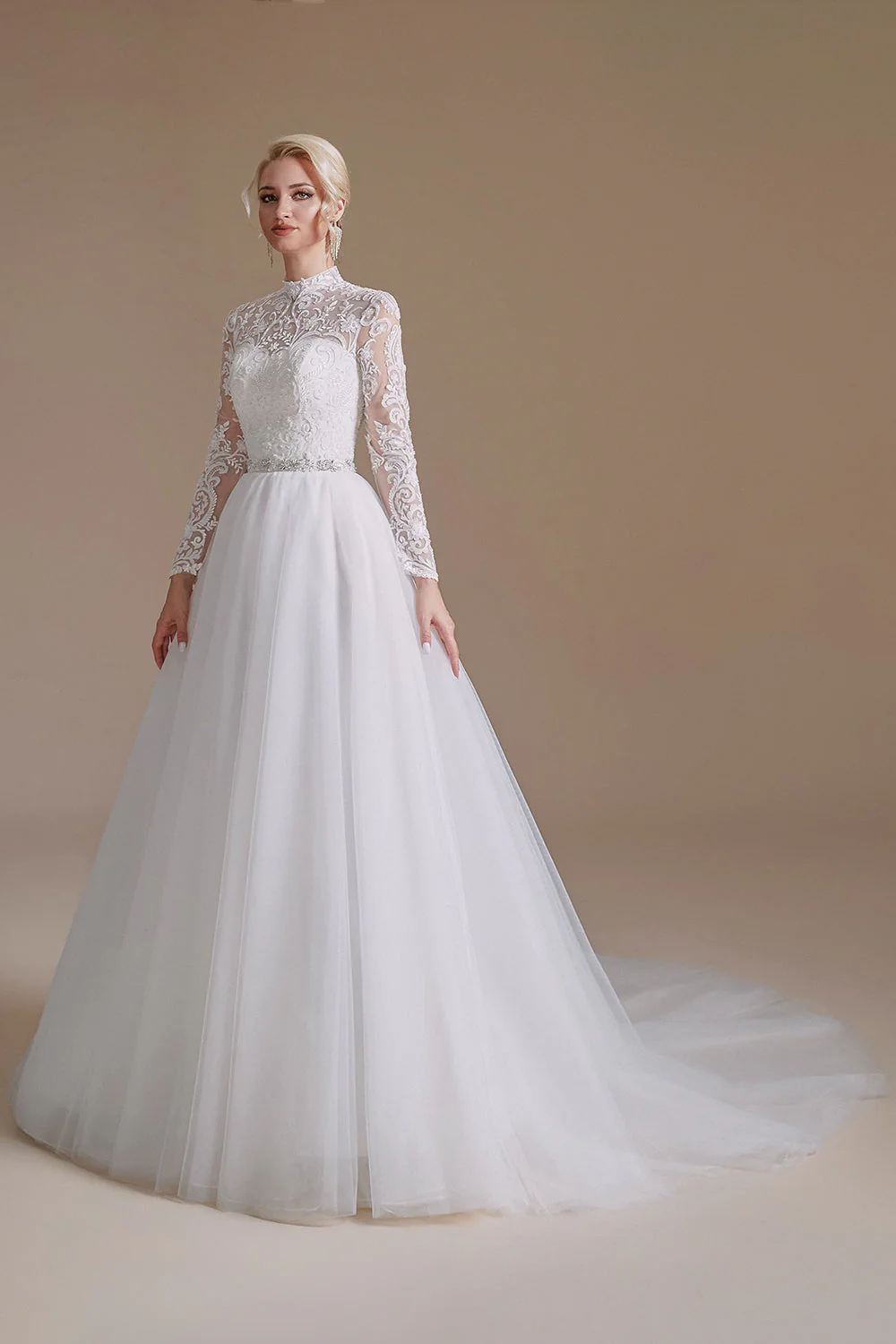 White A-Line High Neck Long Sleeves Wedding Dress with Lace - Image 7