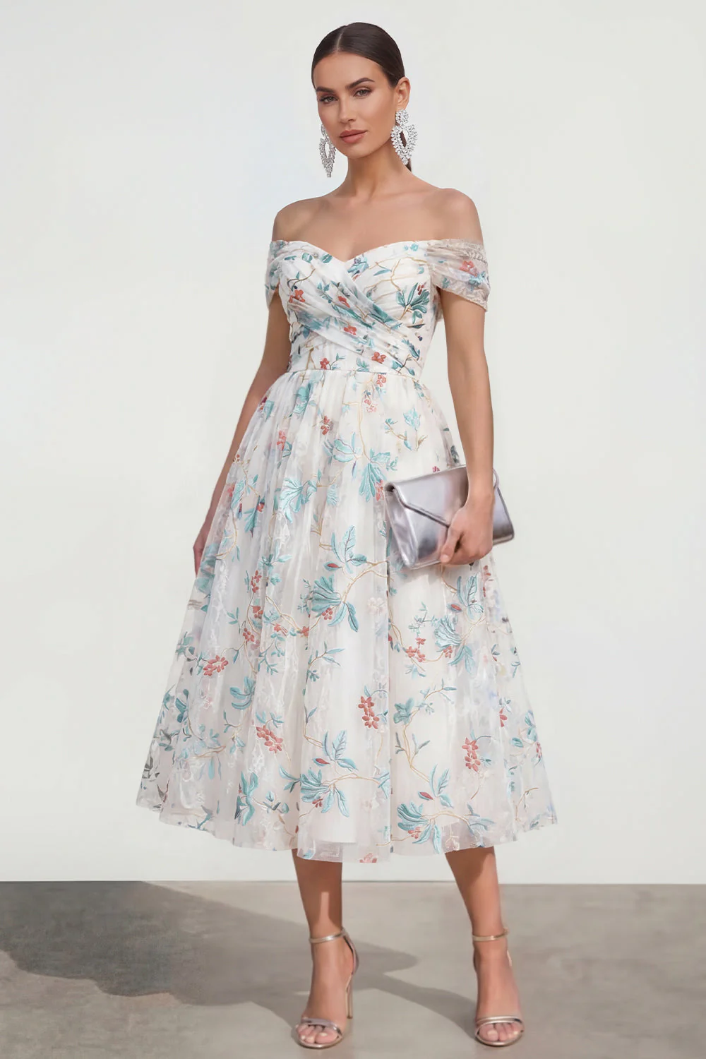 White A Line Off The Shoulder Midi Multi Floral Dress