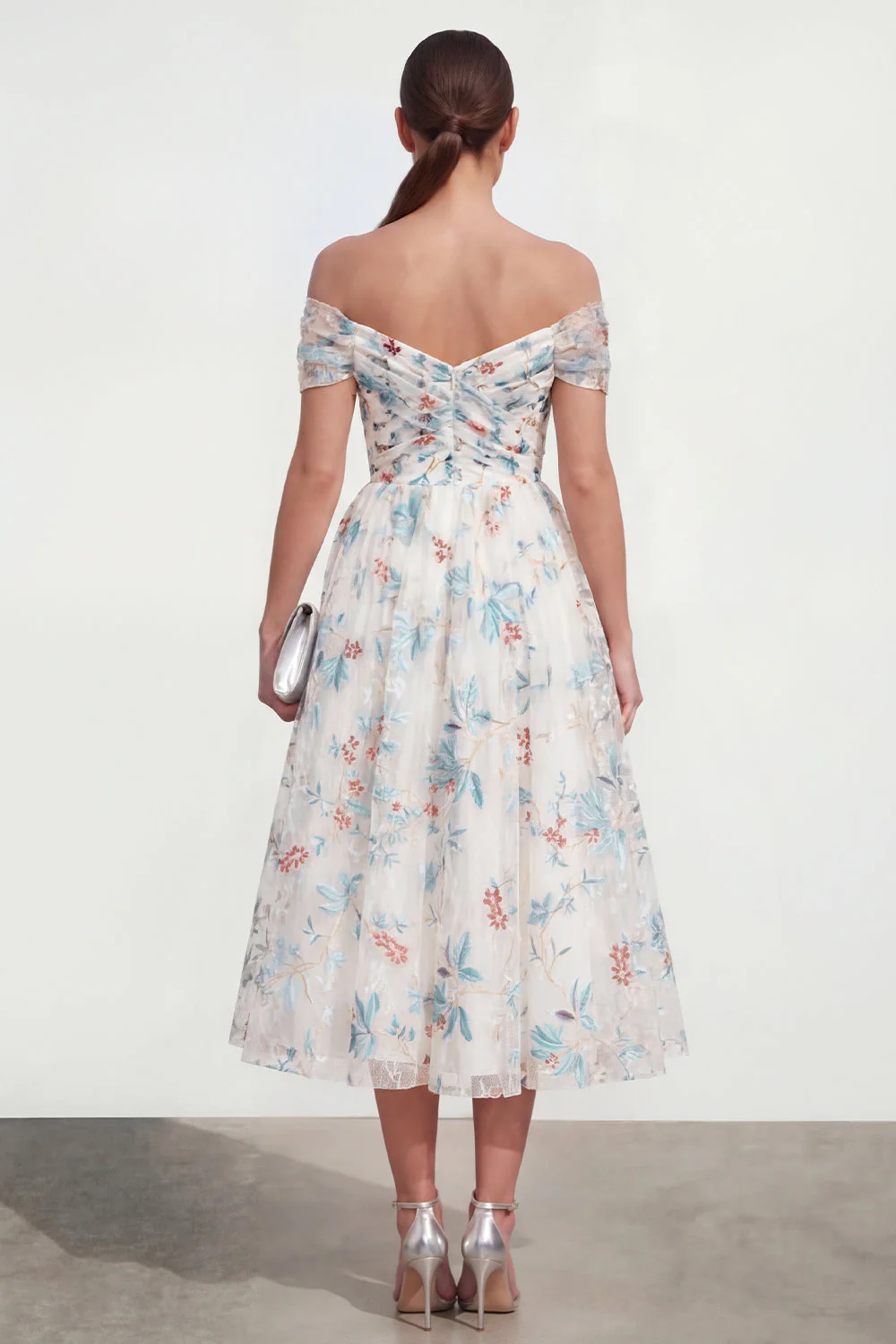 White A Line Off The Shoulder Midi Multi Floral Dress - Image 2