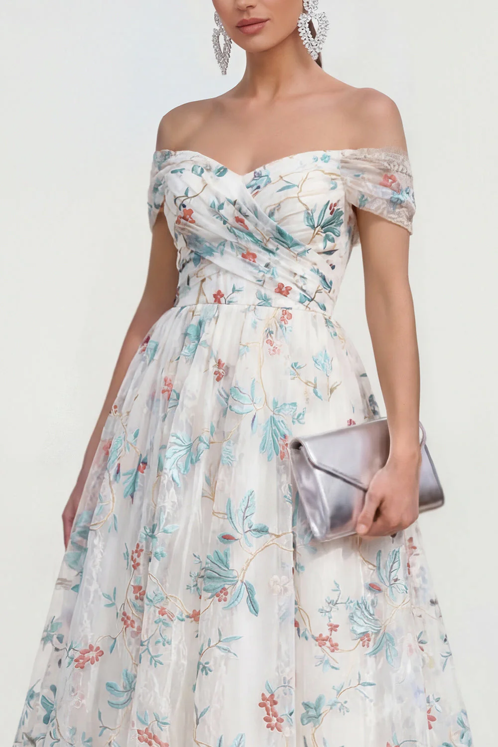 White A Line Off The Shoulder Midi Multi Floral Dress - Image 3