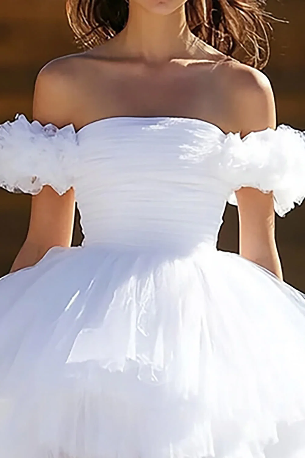 White A Line Ruffled Off the Shoulder Tulle Short Graduation Dress - Image 2