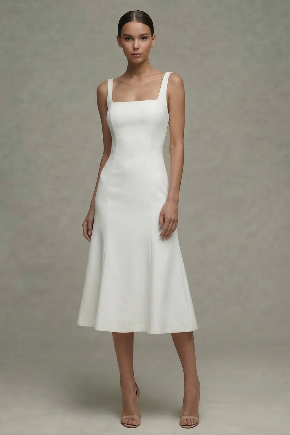 White A Line Satin Square Neck Midi Rehearsal Dinner Dress