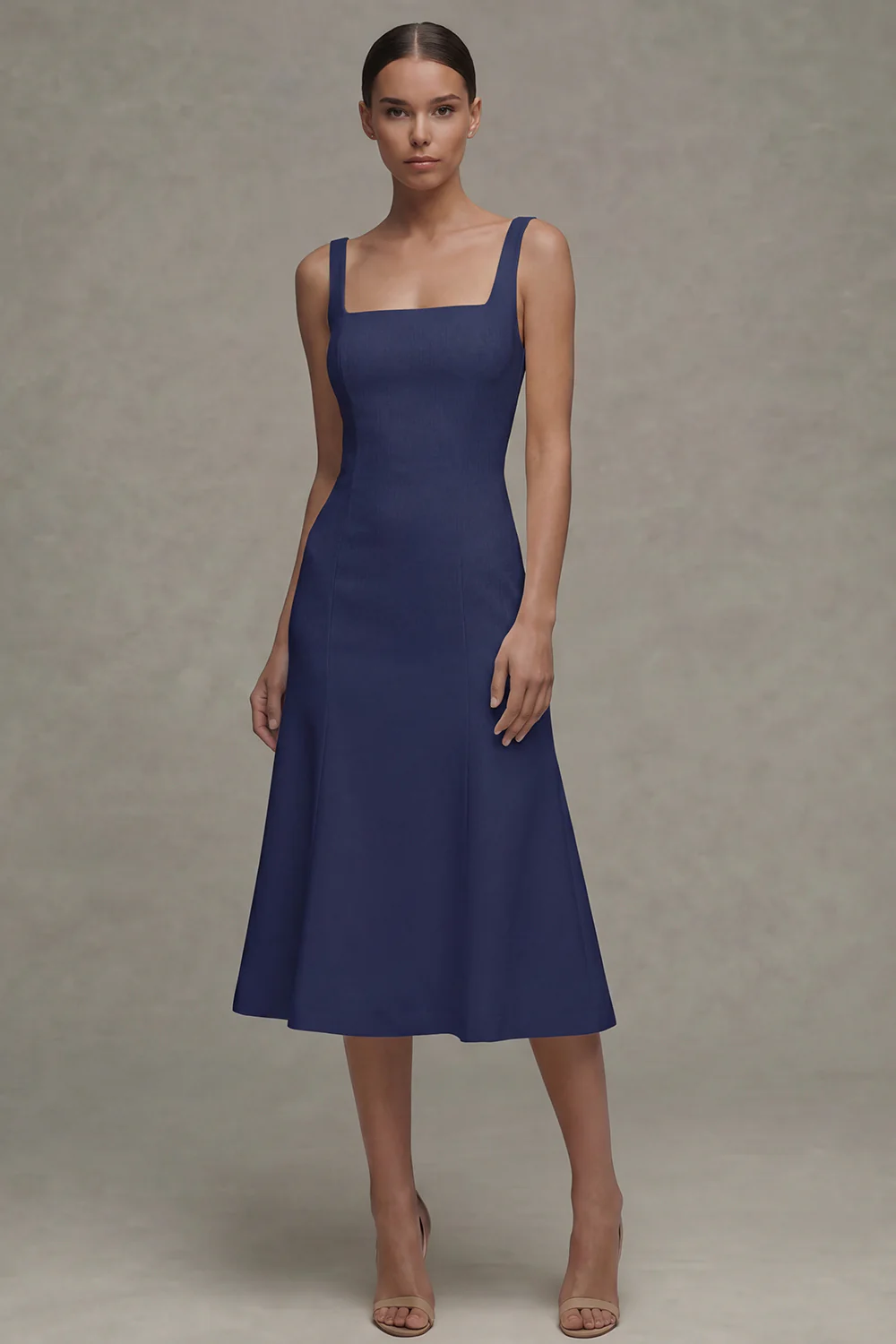 White A Line Satin Square Neck Midi Rehearsal Dinner Dress - Image 10