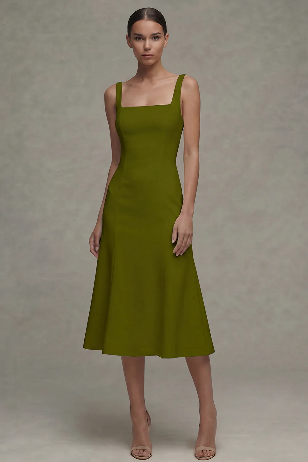 White A Line Satin Square Neck Midi Rehearsal Dinner Dress - Image 11