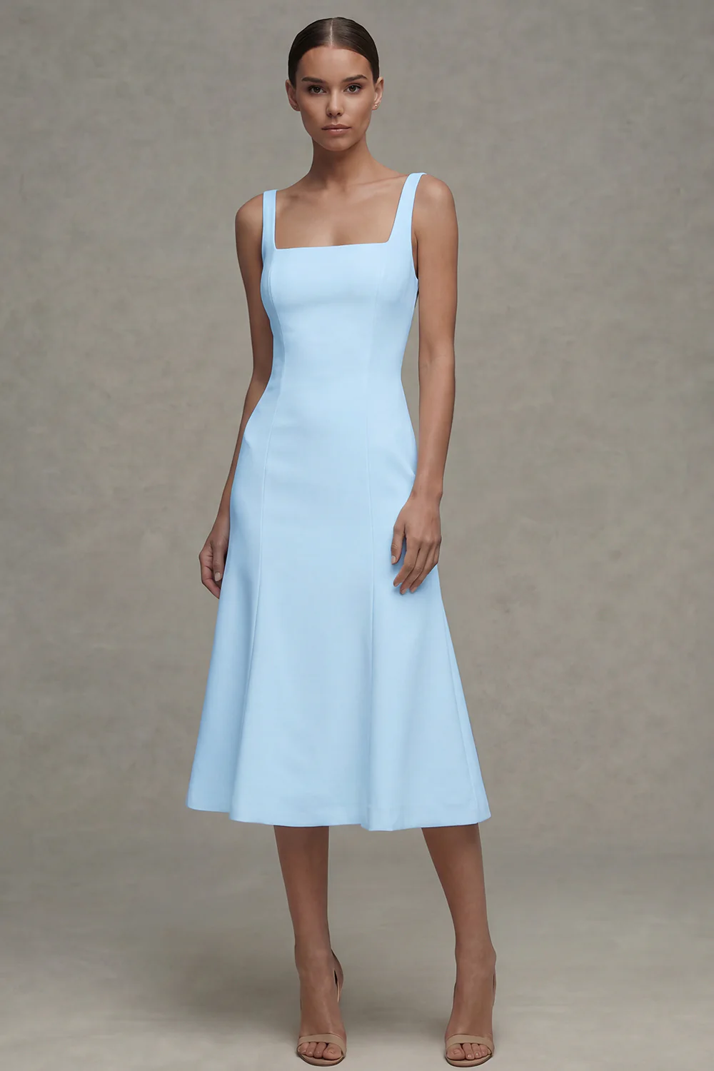 White A Line Satin Square Neck Midi Rehearsal Dinner Dress - Image 12