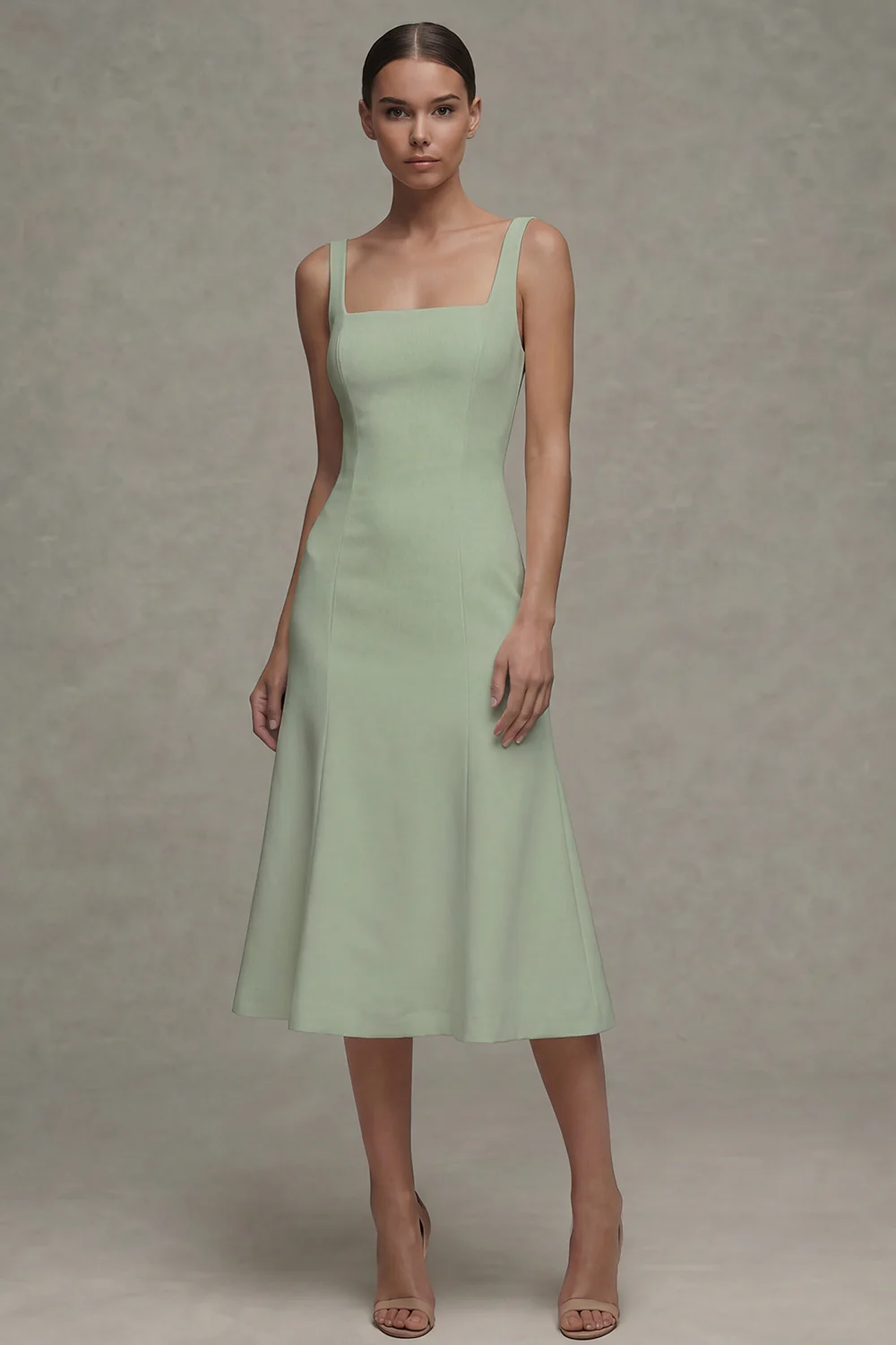 White A Line Satin Square Neck Midi Rehearsal Dinner Dress - Image 13