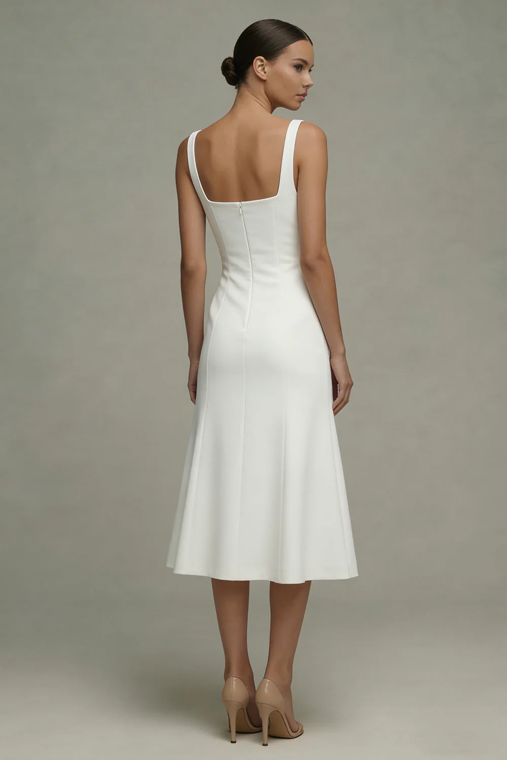 White A Line Satin Square Neck Midi Rehearsal Dinner Dress - Image 2